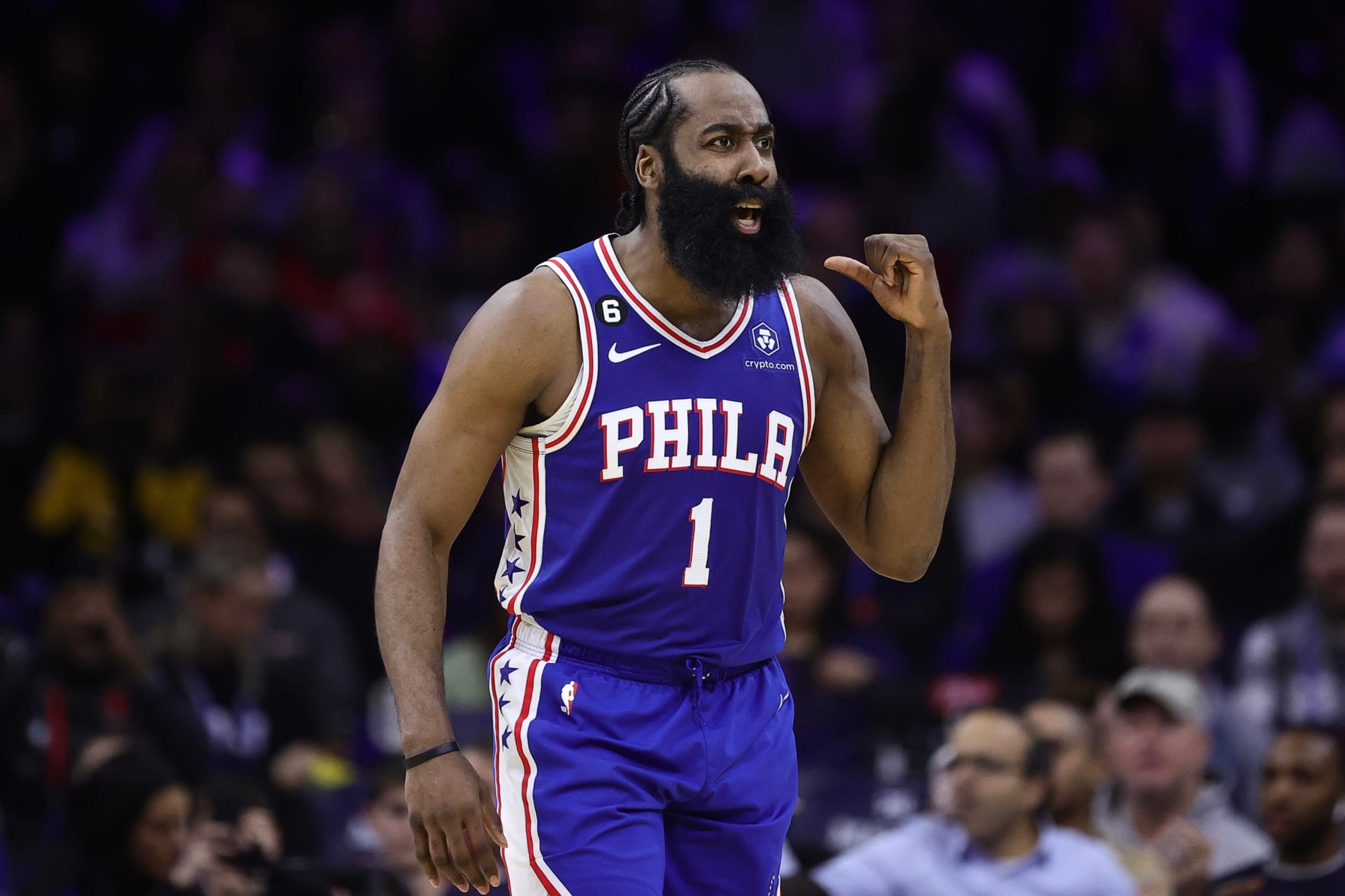 PHILADELPHIA, PENNSYLVANIA - DECEMBER 13: James Harden #1 of the Philadelphia 76ers reacts during the third quarter against the Sacramento Kings at Wells Fargo Center on December 13, 2022 in Philadelphia, Pennsylvania. NOTE TO USER: User expressly acknowledges and agrees that, by downloading and or using this photograph, User is consenting to the terms and conditions of the Getty Images License Agreement. (Photo by Tim Nwachukwu/Getty Images) PHILADELPHIA, PENNSYLVANIA - DECEMBER 13: James Harden #1 of the Philadelphia 76ers reacts during the third quarter against the Sacramento Kings at Wells Fargo Center on December 13, 2022 in Philadelphia, Pennsylvania. NOTE TO USER: User expressly acknowledges and agrees that, by downloading and or using this photograph, User is consenting to the terms and conditions of the Getty Images License Agreement. (Photo by Tim Nwachukwu/Getty Images)