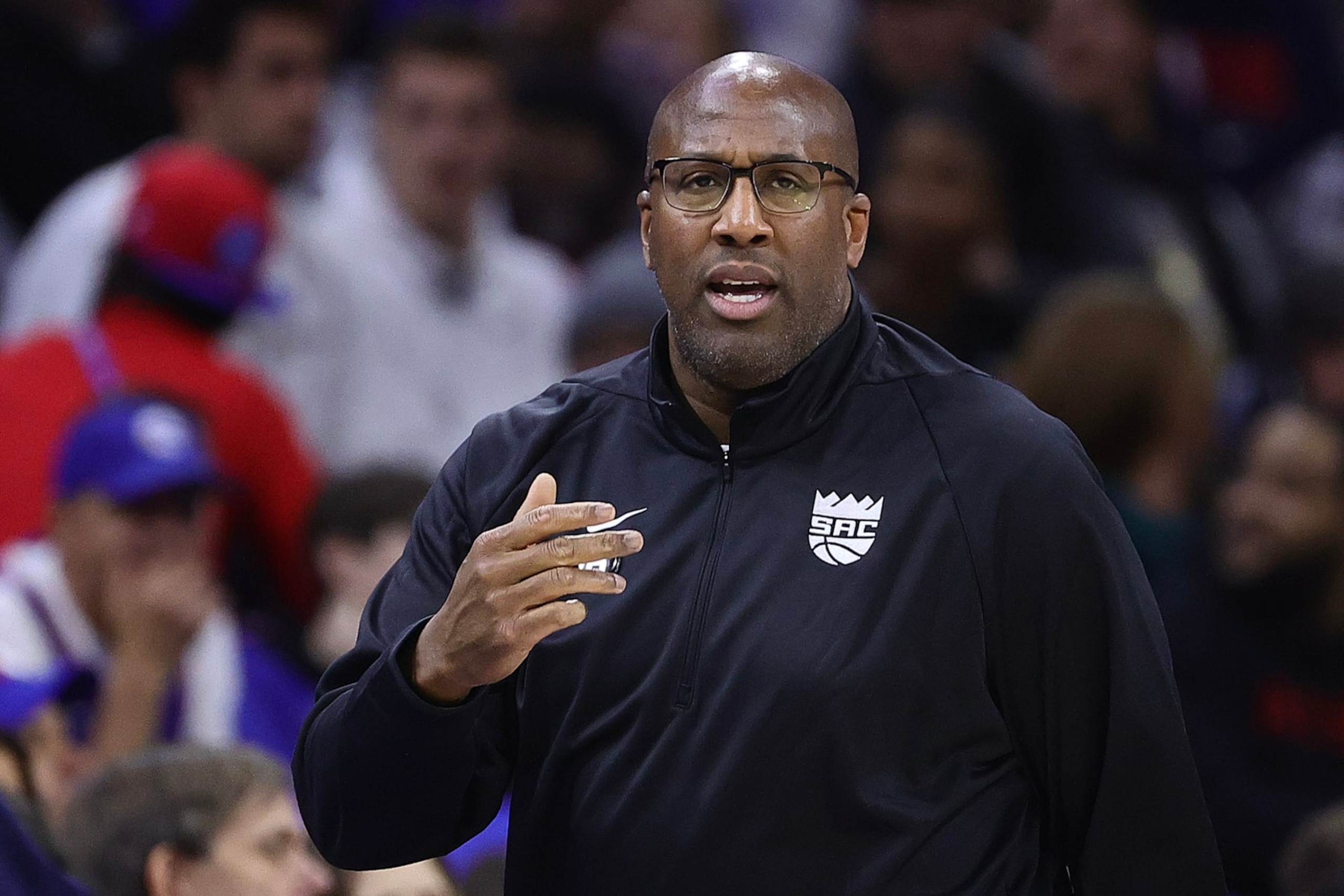 PHILADELPHIA, PENNSYLVANIA - DECEMBER 13: Head coach Mike Brown of the Sacramento Kings reacts during the first quarter against the Philadelphia 76ers at Wells Fargo Center on December 13, 2022 in Philadelphia, Pennsylvania. NOTE TO USER: User expressly acknowledges and agrees that, by downloading and or using this photograph, User is consenting to the terms and conditions of the Getty Images License Agreement. (Photo by Tim Nwachukwu/Getty Images)