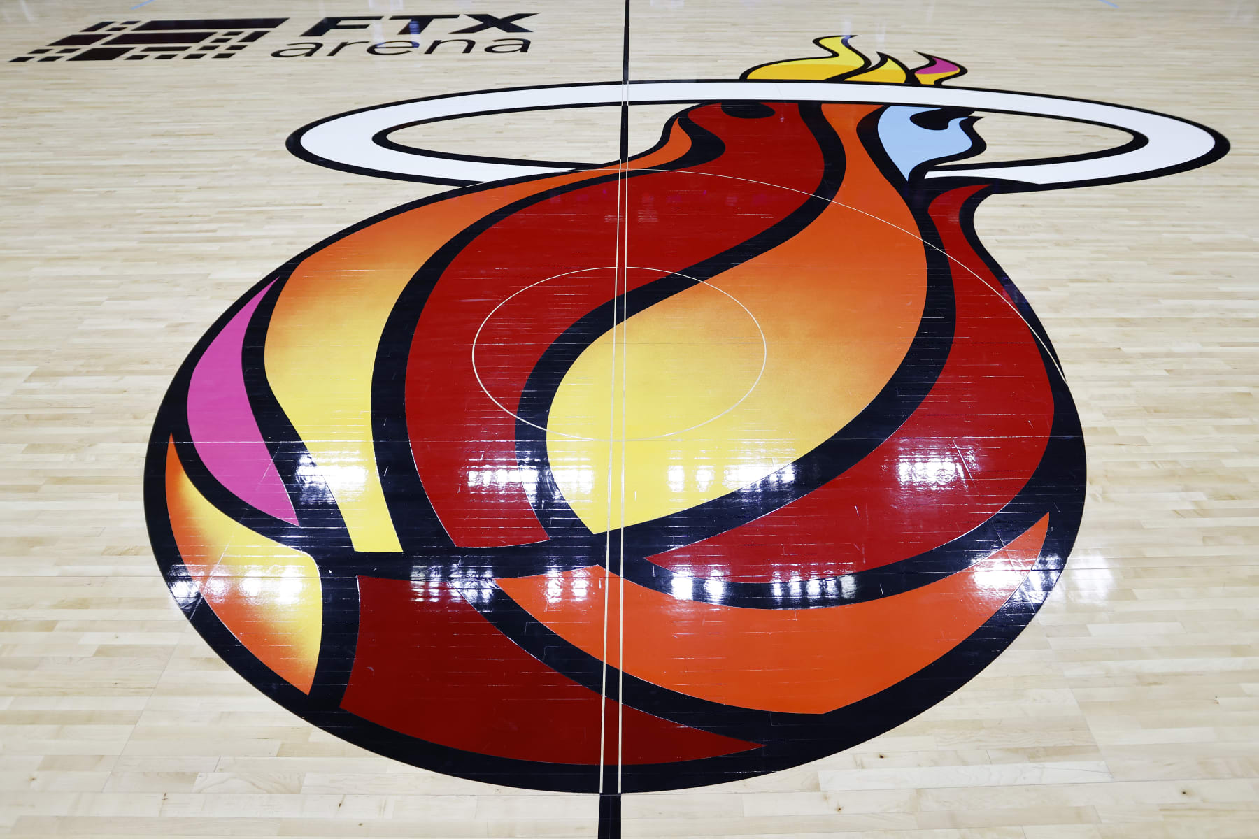 MIAMI, FLORIDA - DECEMBER 08: A general view of the 'Miami Mashup' court logo prior to the game between the Miami Heat and the Milwaukee Bucks at FTX Arena on December 08, 2021 in Miami, Florida. NOTE TO USER: User expressly acknowledges and agrees that, by downloading and or using this photograph, User is consenting to the terms and conditions of the Getty Images License Agreement.  (Photo by Michael Reaves/Getty Images)