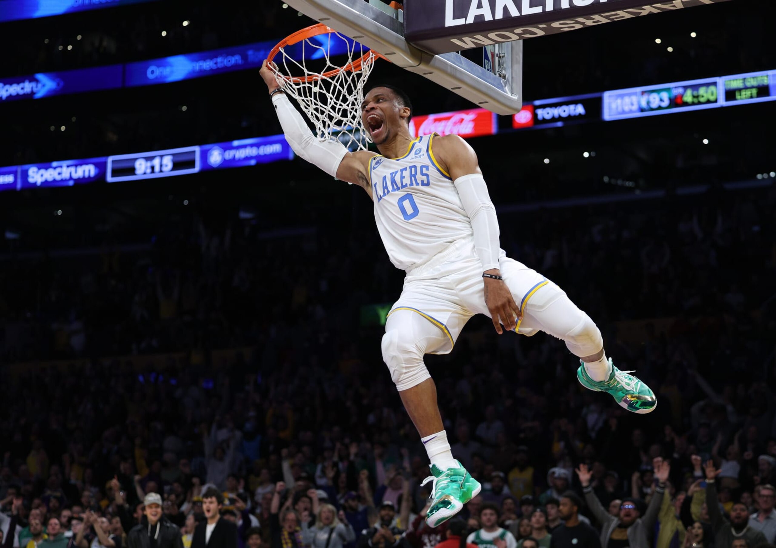 Russell Westbrook #0 of the Los Angeles Lakers reacts to his dunk during a 122-118 loss to the Boston Celtics at Crypto.com Arena on December 13, 2022 in Los Angeles, California. NOTE TO USER: User expressly acknowledges and agrees that, by downloading and/or using this photograph, User is consenting to the terms and conditions of the Getty Images License Agreement. Mandatory Copyright Notice: Copyright 2022 NBAE. (Photo by Harry How/Getty Images)