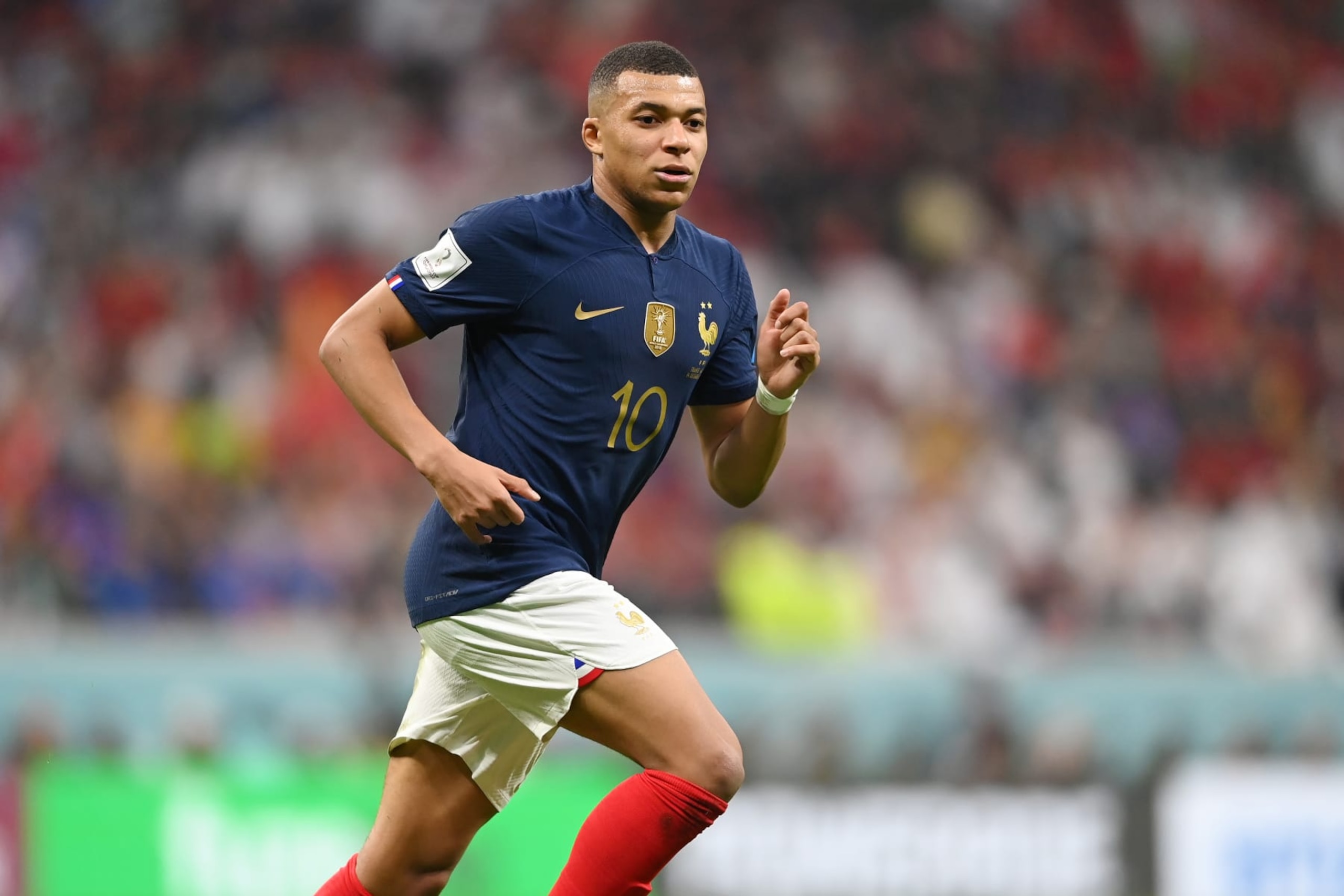 AL KHOR, QATAR - DECEMBER 14: Kylian Mbappe of France in action during the FIFA World Cup Qatar 2022 semi final match between France and Morocco at Al Bayt Stadium on December 14, 2022 in Al Khor, Qatar. (Photo by Michael Regan - FIFA/FIFA via Getty Images)