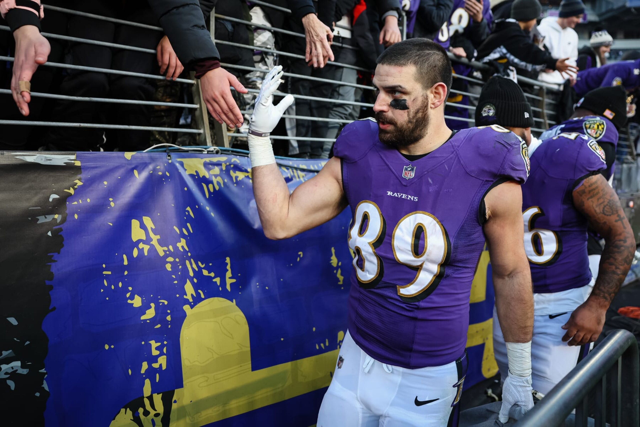 BALTIMORE, MD - NOVEMBER 20: Mark Andrews #89 of the Baltimore Ravens interacts with fans after the game against the Carolina Panthers at M&T Bank Stadium on November 20, 2022 in Baltimore, Maryland. (Photo by Scott Taetsch/Getty Images)