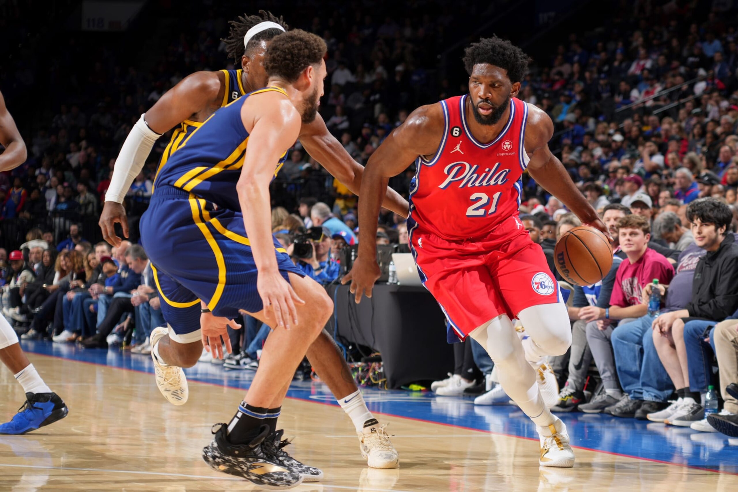 PHILADELPHIA, PA - DECEMBER 16: Joel Embiid #21 of the Philadelphia 76ers dribbles the ball during the game against the Golden State Warriors on December 16, 2022 at the Wells Fargo Center in Philadelphia, Pennsylvania NOTE TO USER: User expressly acknowledges and agrees that, by downloading and/or using this Photograph, user is consenting to the terms and conditions of the Getty Images License Agreement. Mandatory Copyright Notice: Copyright 2022 NBAE (Photo by Jesse D. Garrabrant/NBAE via Getty Images)