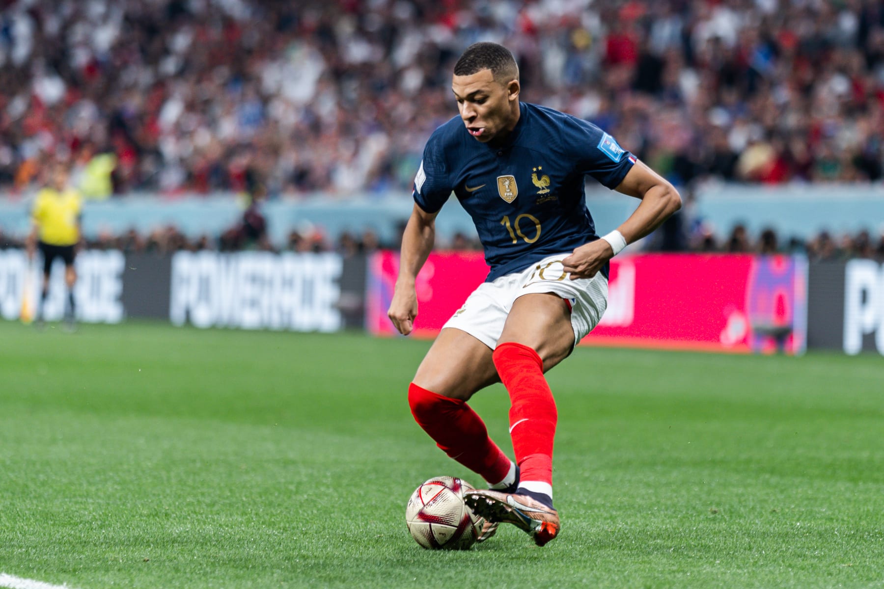 AL KHOR, QATAR - DECEMBER 14:  France forward Kylian Mbappe during the Semifinal match of the 2022 FIFA World Cup in Qatar between Morocco and France on December 14, 2022, at Al Bayt Stadium in Al Khor, Qatar. (Photo by Richard Gordon/Icon Sportswire via Getty Images)