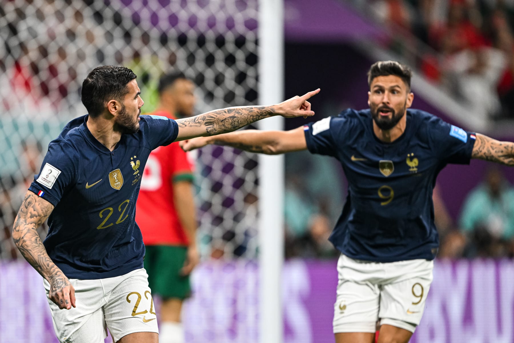 AL KHOR, QATAR - DECEMBER 14: Theo Hernandez of France and Olivier Giroud of France celebrates after scoring his team's first goal with teammates during the FIFA World Cup Qatar 2022 semi final match between France and Morocco at Al Bayt Stadium on December 14, 2022 in Al Khor, Qatar. (Photo by Harry Langer/DeFodi Images via Getty Images)