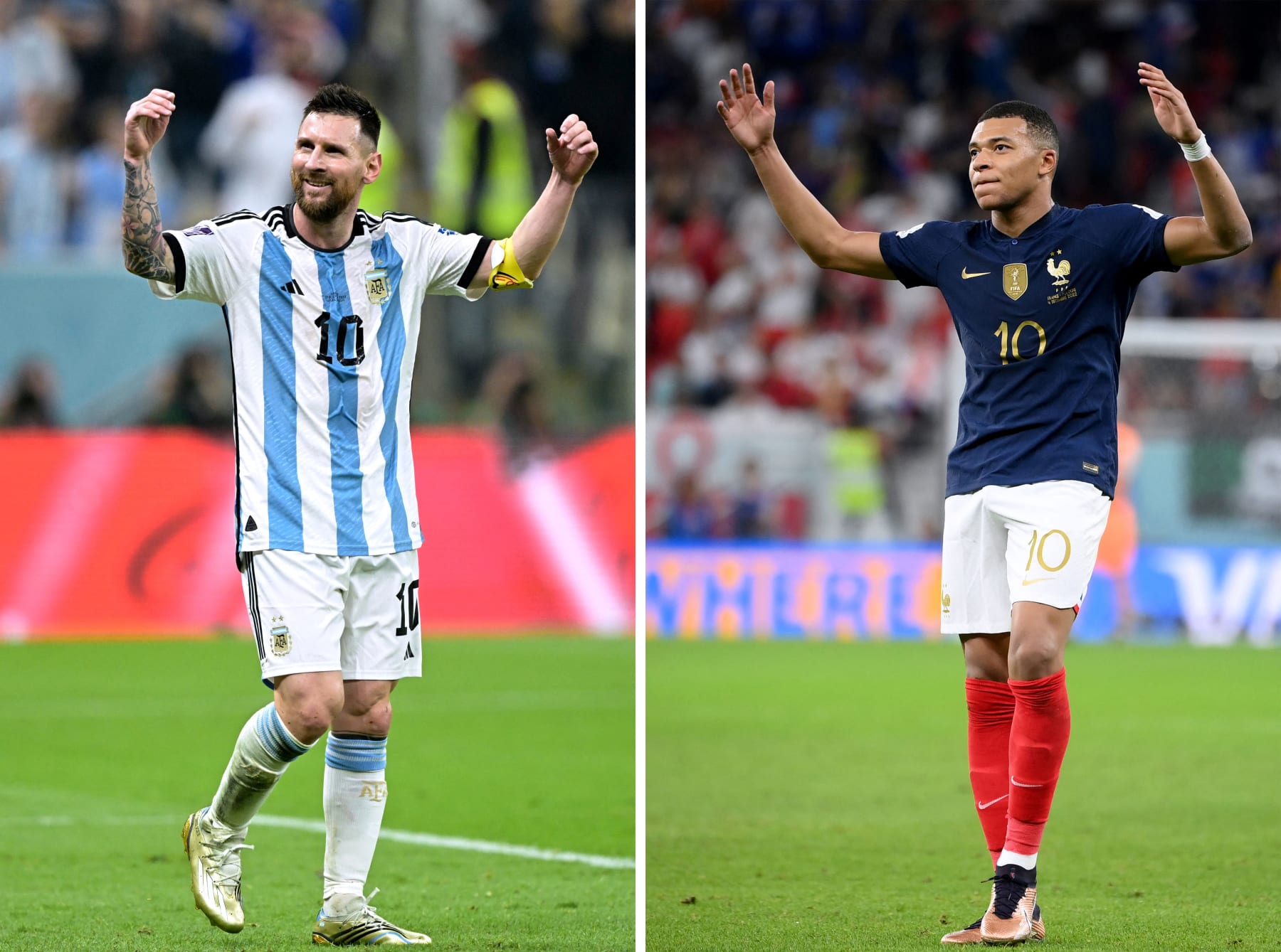 (COMBO) This combination of file photos created on December 16, 2022, shows Argentina's forward #10 Lionel Messi (L) in Lusail, north of Doha on December 13, 2022; and France's forward #10 Kylian Mbappe in Doha on December 4, 2022. - Argentina will play France in the Qatar 2022 World Cup football final match in Doha on December 18, 2022. (Photo by Juan MABROMATA and Franck FIFE / AFP) (Photo by JUAN MABROMATA,FRANCK FIFE/AFP via Getty Images)