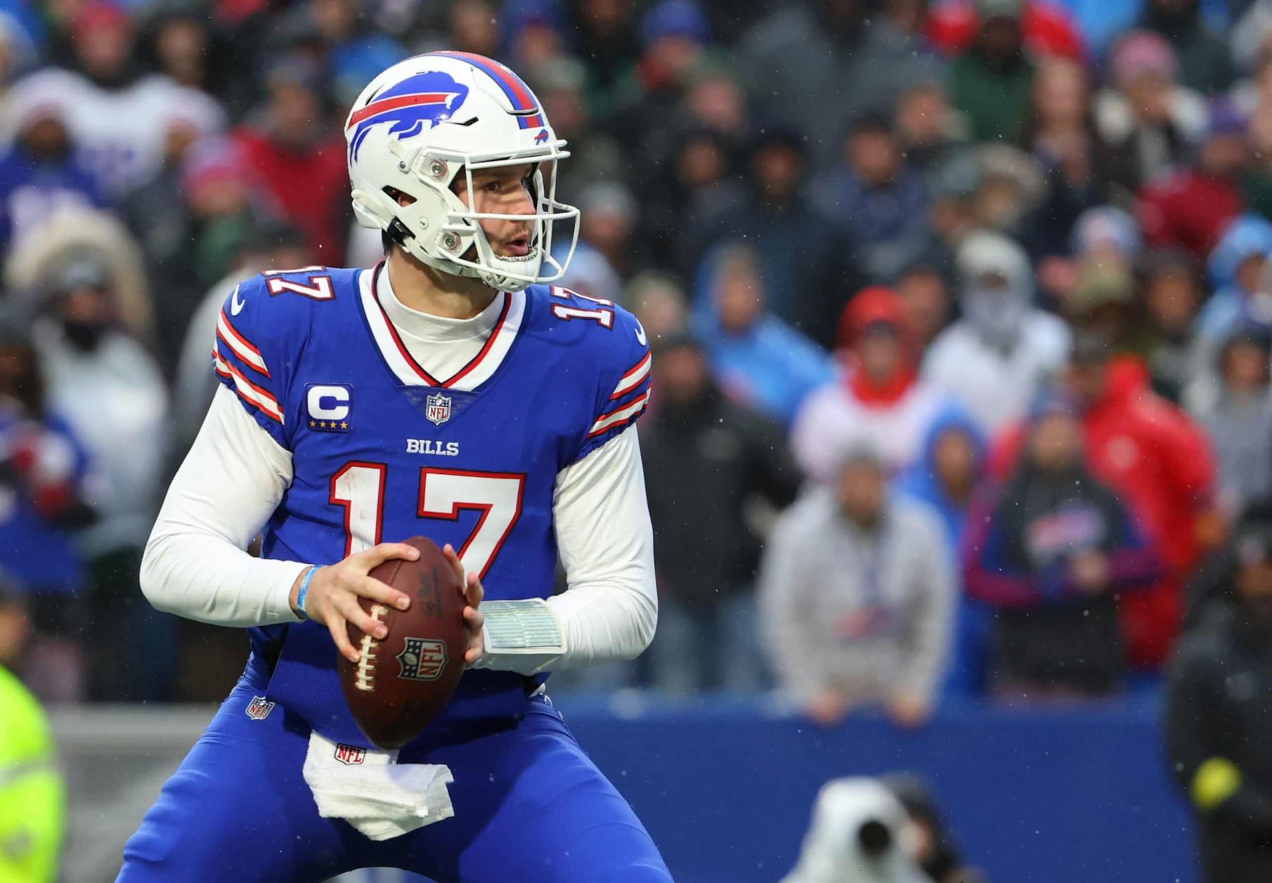 ORCHARD PARK, NY - DECEMBER 11: Josh Allen #17 of the Buffalo Bills drops back to throw a pass against the New York Jets at Highmark Stadium on December 11, 2022 in Orchard Park, New York. (Photo by Timothy T Ludwig/Getty Images)