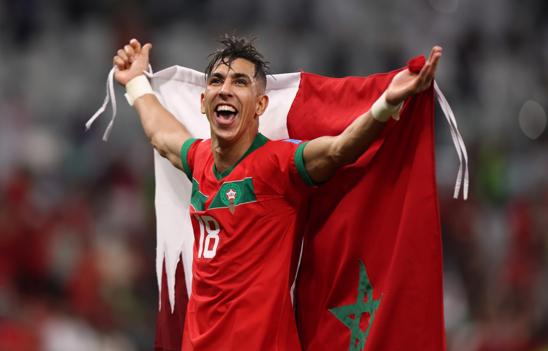 DOHA, QATAR - DECEMBER 10:  Jawad El Yamiq of Morocco celebrates after the team's victory during the FIFA World Cup Qatar 2022 quarter final match between Morocco/Spain and Portugal/Switzerland at Al Thumama Stadium on December 10, 2022 in Doha, Qatar. (Photo by Francois Nel/Getty Images)