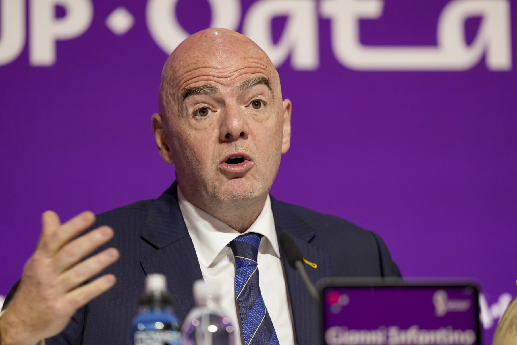 DOHA, QATAR - DECEMBER 16: FIFA President Gianni Infantion speaks to media during the Press Conference ahead of the Third Place and Final matches of FIFA World Cup Qatar 2022 at the Main Media Center on December 16, 2022 in Doha, Qatar. (Photo by Mohammad Karamali/DeFodi Images via Getty Images)