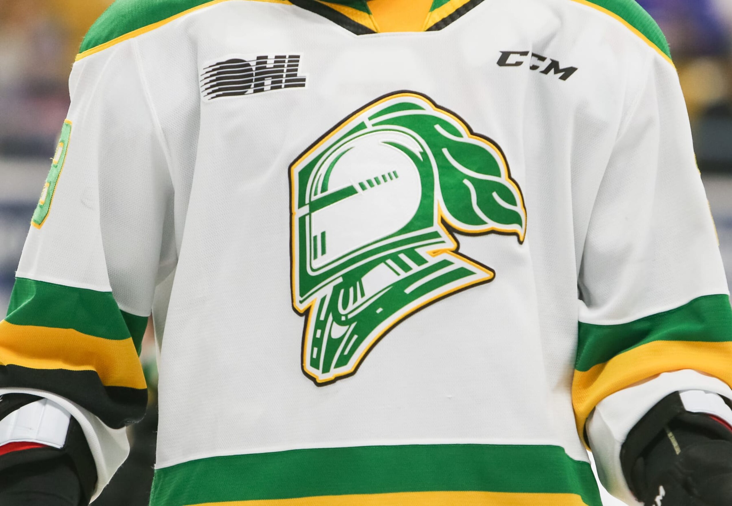 KITCHENER, ONTARIO - MARCH 08: A detail of the London Knights logo during a game against the Kitchener Rangers at Kitchener Memorial Auditorium on March 08, 2022 in Kitchener, Ontario. (Photo by Chris Tanouye/Getty Images)