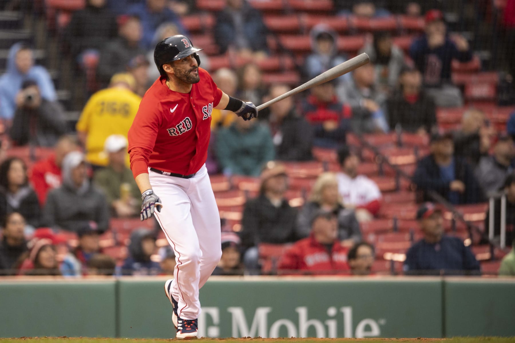 BOSTON, MA - OCTOBER 5: J.D. Martinez #28 of the Boston Red Sox hits a three run home run during the first inning of a game against the Tampa Bay Rays on October 5, 2022 at Fenway Park in Boston, Massachusetts. (Photo by Billie Weiss/Boston Red Sox/Getty Images)
