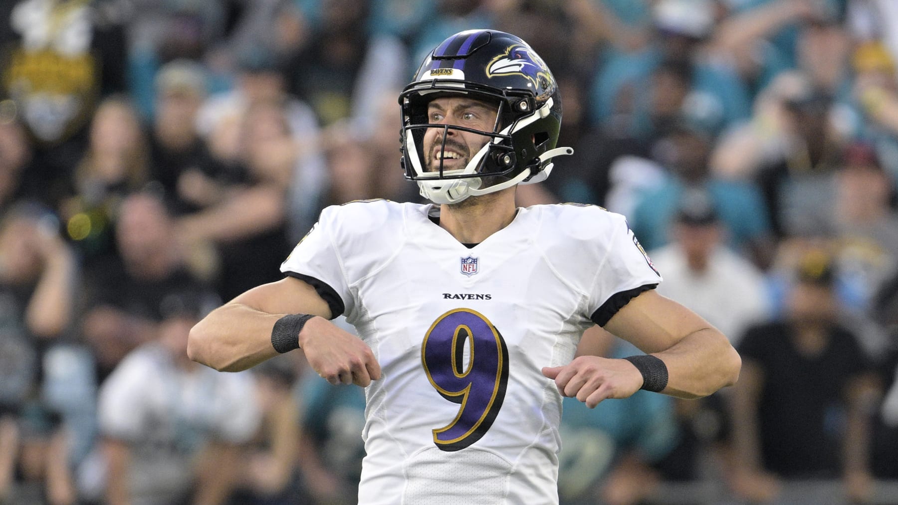 Baltimore Ravens place kicker Justin Tucker (9) watches the flight of the ball after attempting a field goal during the second half of an NFL football game against the Jacksonville Jaguars, Sunday, Nov. 27, 2022, in Jacksonville, Fla. (AP Photo/Phelan M. Ebenhack)