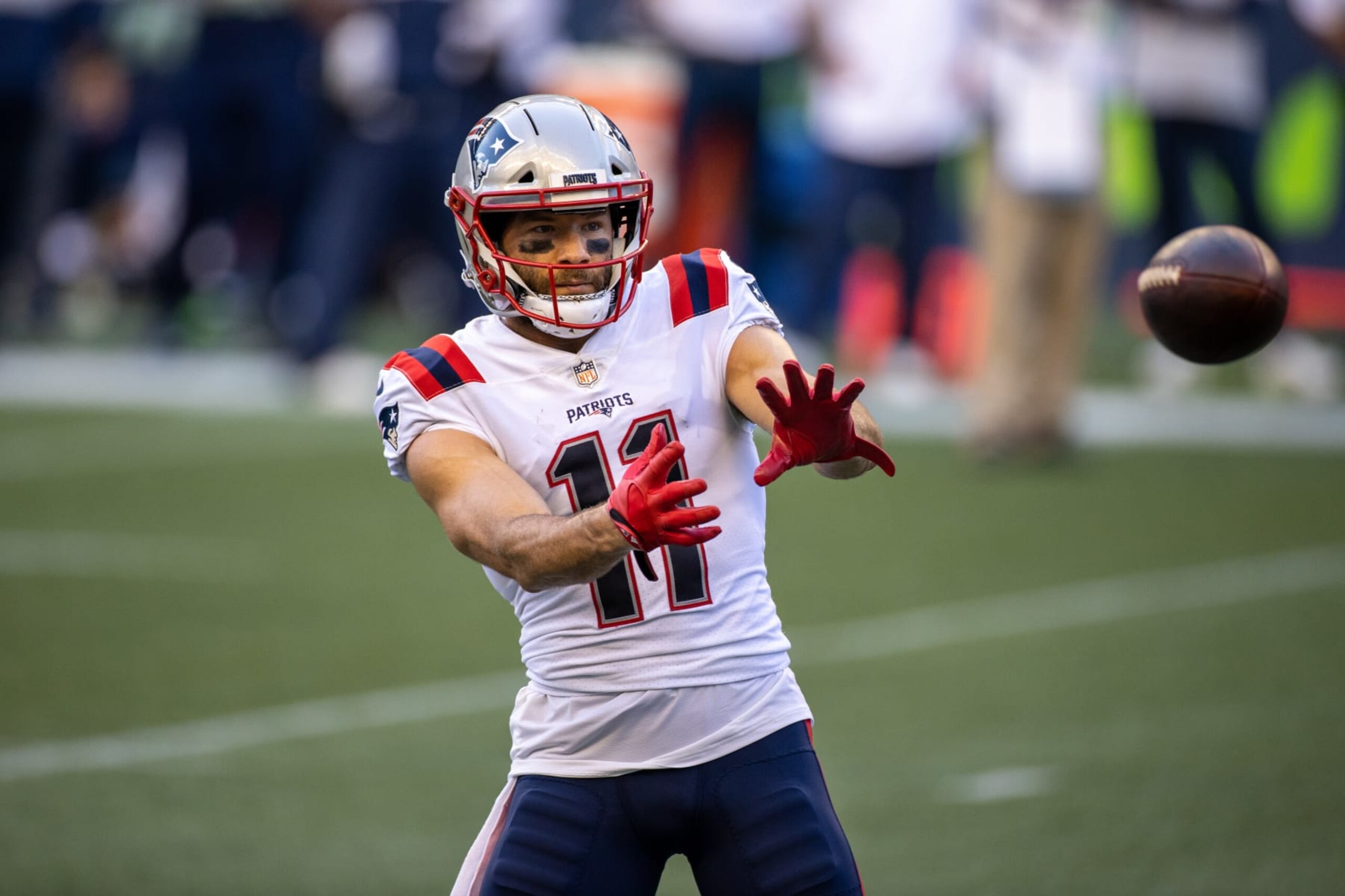 England Patriots wide receiver Julian Edelman (11) during an NFL football game between the Seattle Seahawks and New England Patriots, Sunday, Sept. 20, 2020, in Seattle. (Photo by Tom Hauck/Getty Images)