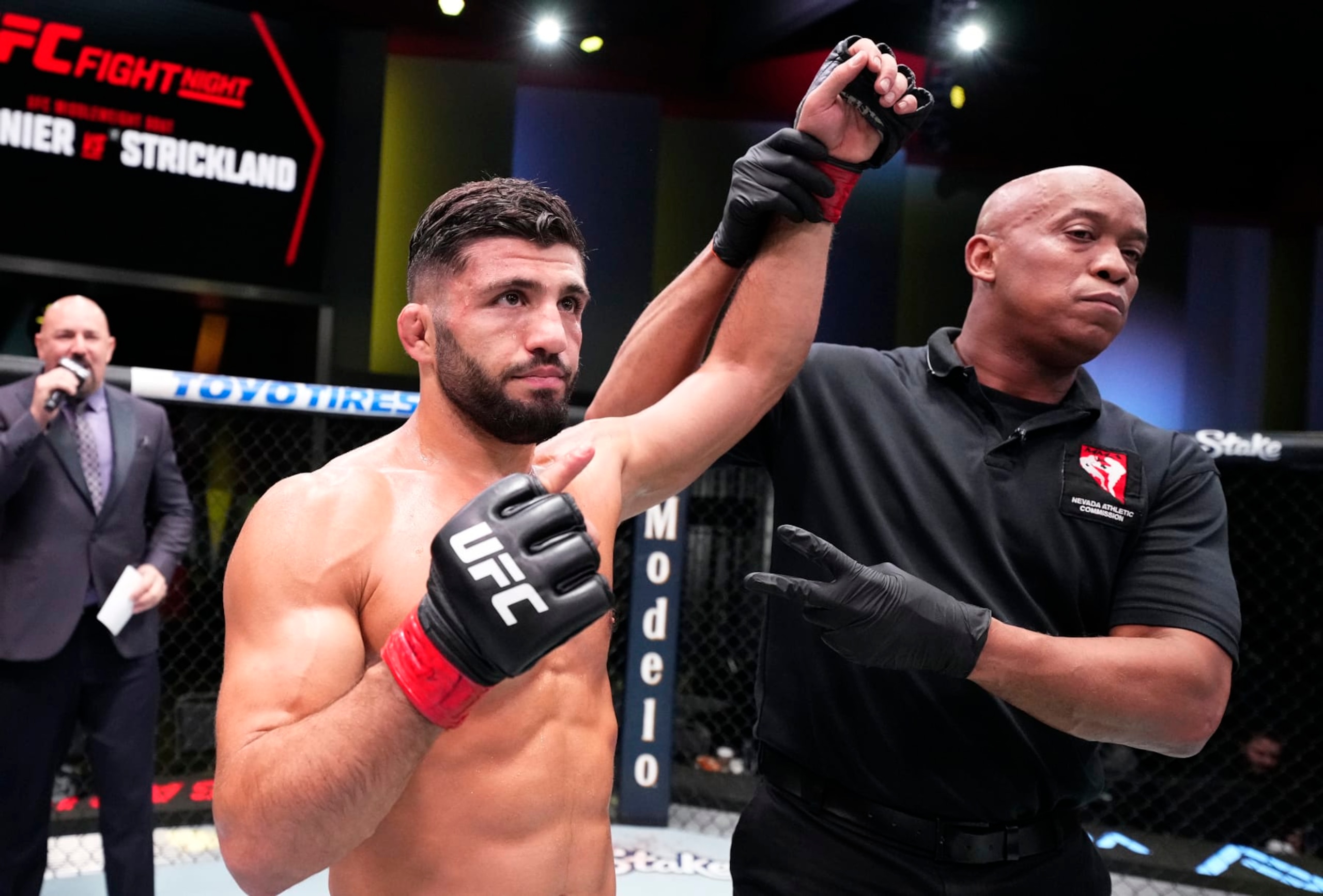 LAS VEGAS, NEVADA - DECEMBER 17: Arman Tsarukyan of Georgia reacts after his victory over Damir Ismagulov of Russia in a lightweight fight during the UFC Fight Night event at UFC APEX on December 17, 2022 in Las Vegas, Nevada.  (Photo by Chris Unger/Zuffa LLC)