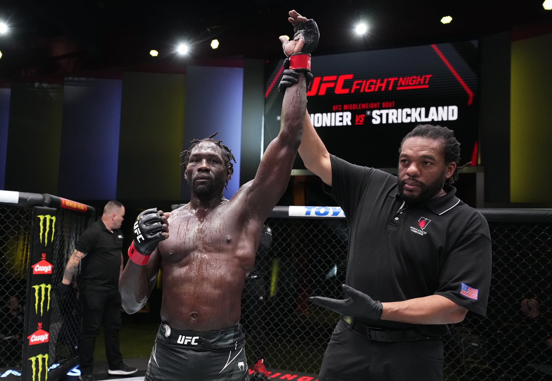 LAS VEGAS, NEVADA - DECEMBER 17: Jared Cannonier reacts after his split-decision victory over Sean Strickland in a middleweight fight during the UFC Fight Night event at UFC APEX on December 17, 2022 in Las Vegas, Nevada. (Photo by Chris Unger/Zuffa LLC)