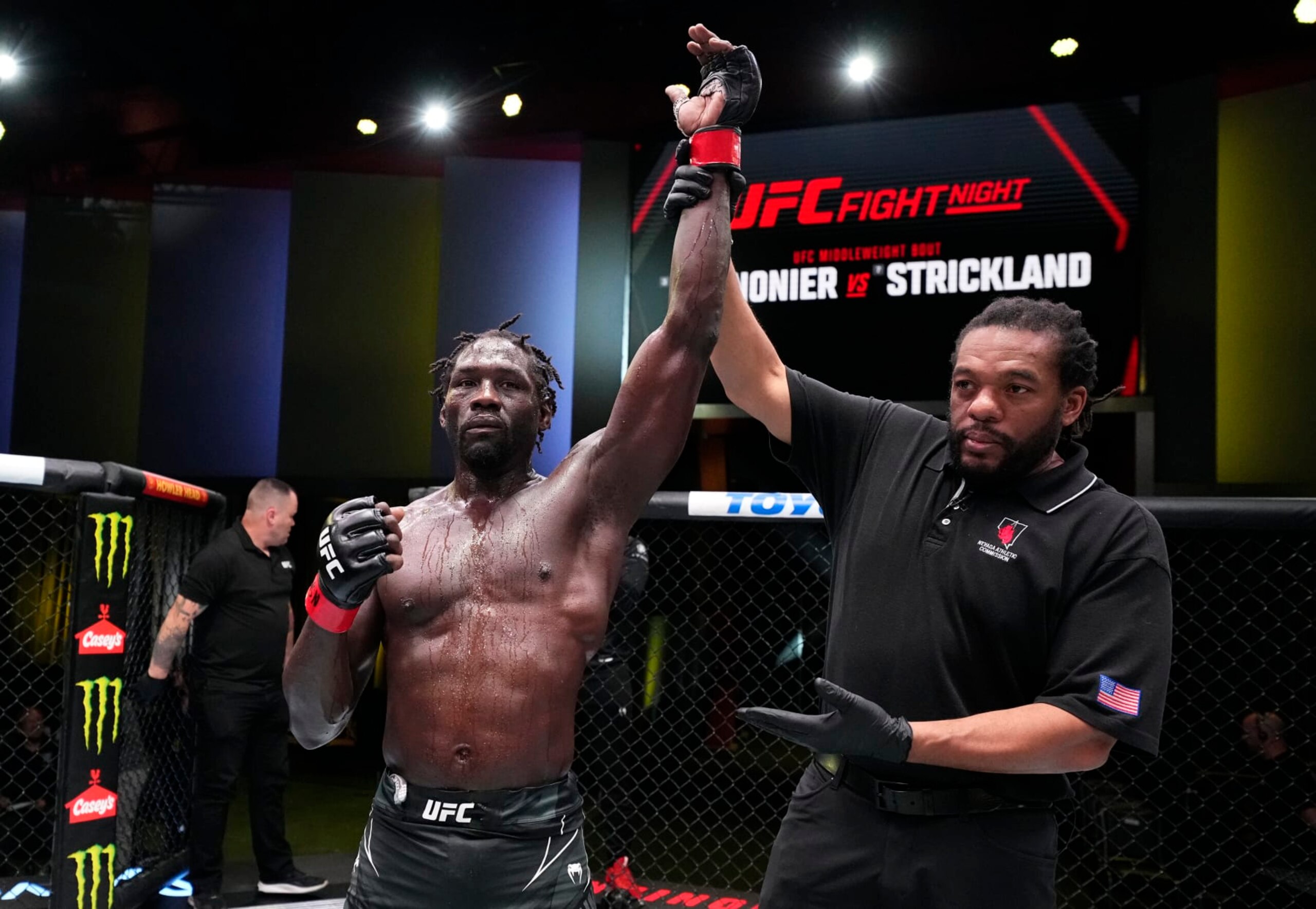 LAS VEGAS, NEVADA - DECEMBER 17: Jared Cannonier reacts after his split-decision victory over Sean Strickland in a middleweight fight during the UFC Fight Night event at UFC APEX on December 17, 2022 in Las Vegas, Nevada. (Photo by Chris Unger/Zuffa LLC)