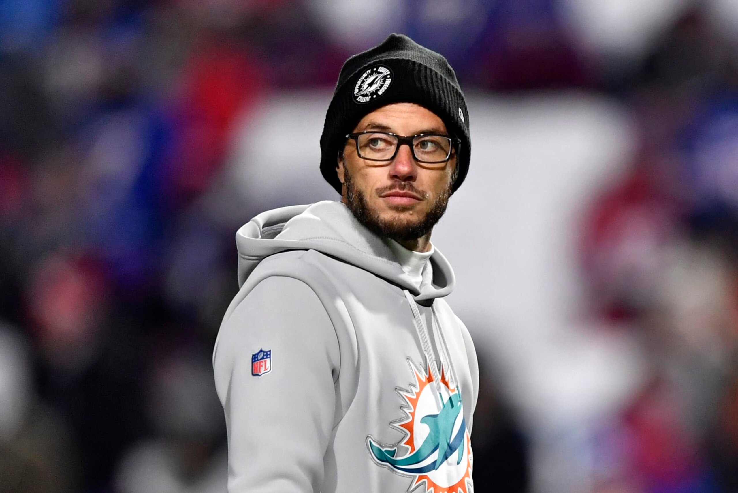 Miami Dolphins head coach Mike McDaniel watches warmups before an NFL football game against the Buffalo Bills in Orchard Park, N.Y., Saturday, Dec. 17, 2022. (AP Photo/Adrian Kraus)