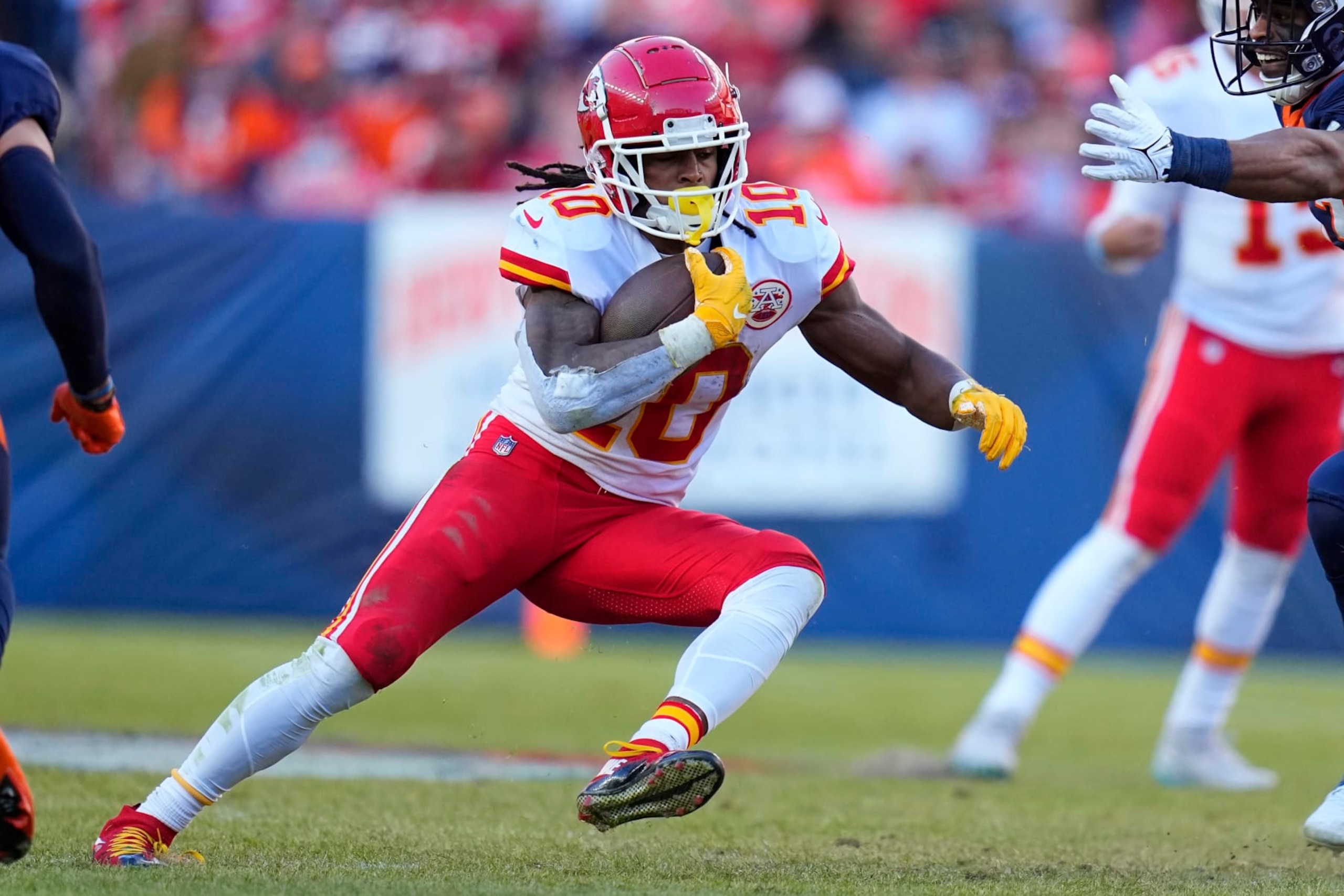 Kansas City Chiefs running back Isiah Pacheco (10) runs against the Denver Broncos during the first half of an NFL football game, Sunday, Dec. 11, 2022, in Denver. (AP Photo/Jack Dempsey) Kansas City Chiefs running back Isiah Pacheco (10) runs against the Denver Broncos during the first half of an NFL football game, Sunday, Dec. 11, 2022, in Denver. (AP Photo/Jack Dempsey)