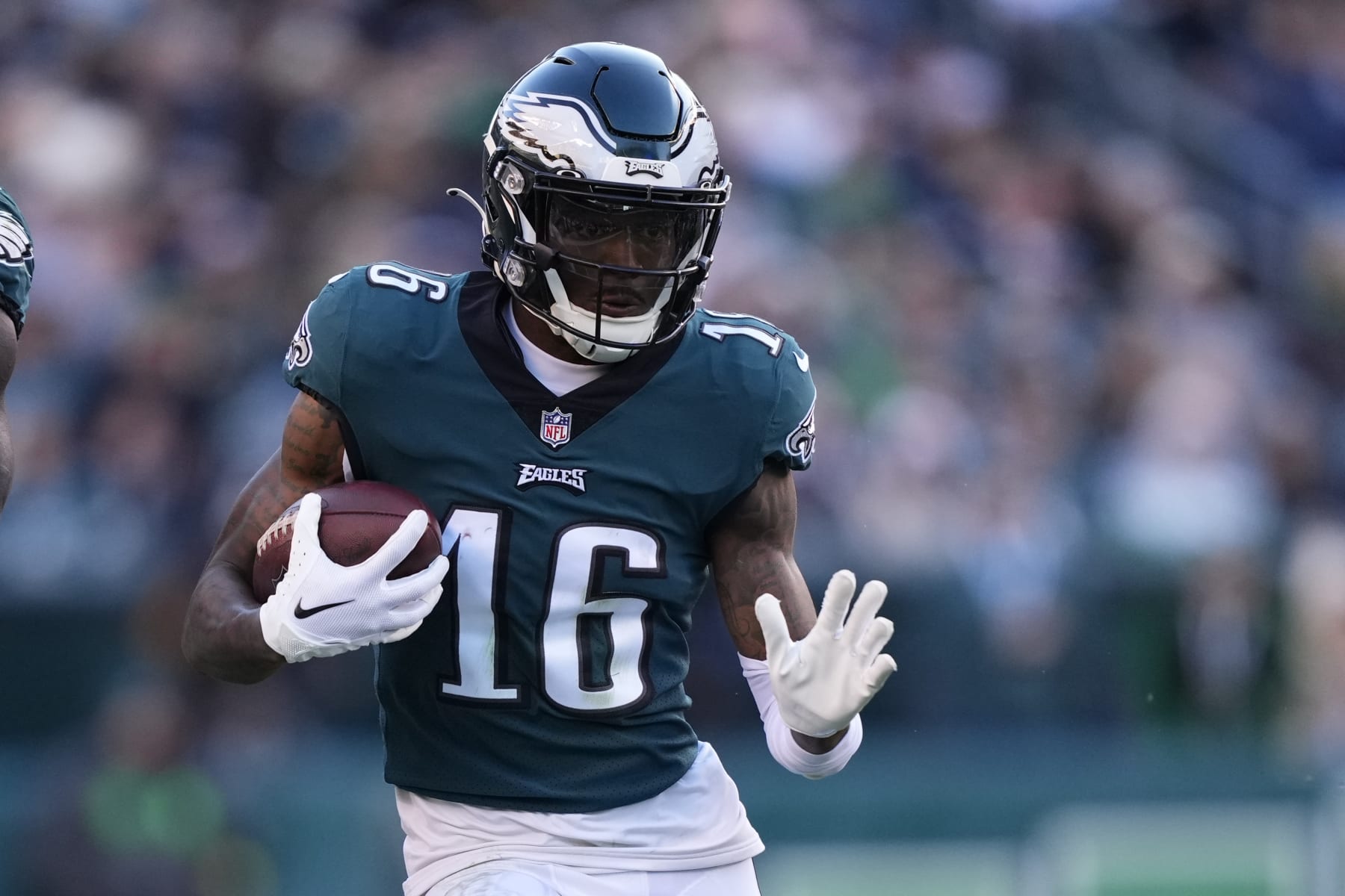 Philadelphia Eagles wide receiver Quez Watkins in action during an NFL football game, Sunday, Dec. 4, 2022, in Philadelphia. (AP Photo/Matt Rourke)