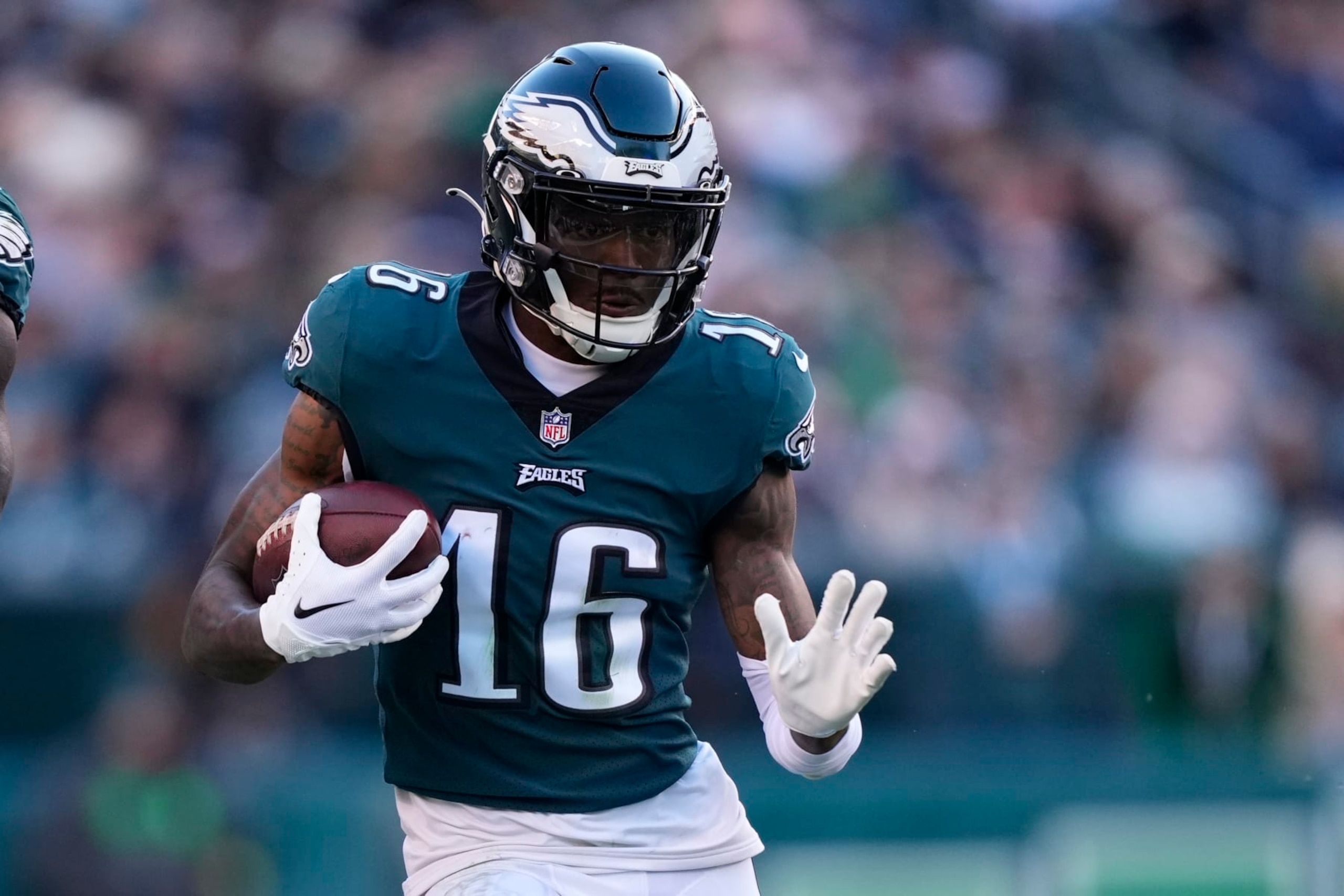 Philadelphia Eagles wide receiver Quez Watkins in action during an NFL football game, Sunday, Dec. 4, 2022, in Philadelphia. (AP Photo/Matt Rourke) Philadelphia Eagles wide receiver Quez Watkins in action during an NFL football game, Sunday, Dec. 4, 2022, in Philadelphia. (AP Photo/Matt Rourke)