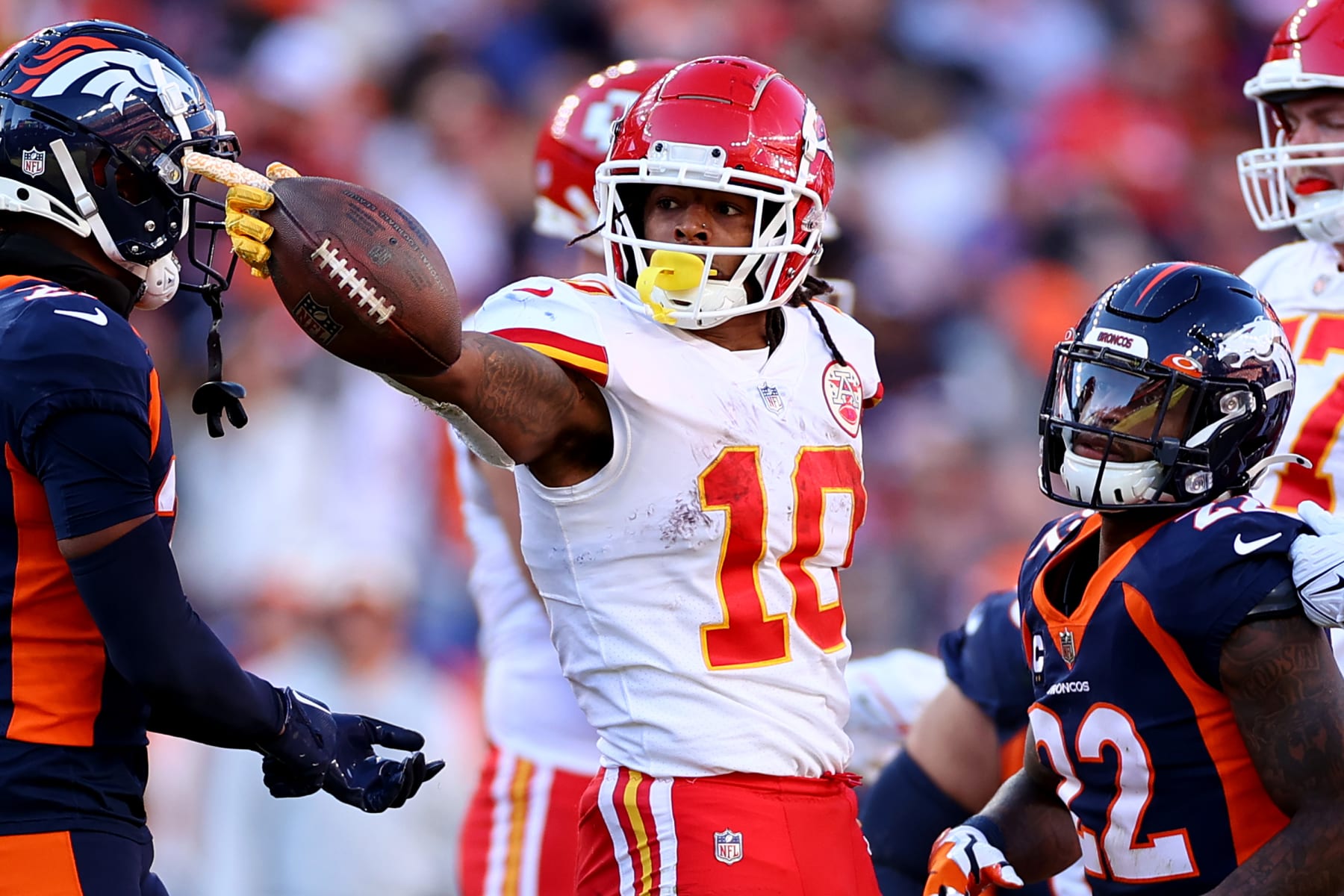 DENVER, COLORADO - DECEMBER 11: Isiah Pacheco #10 of the Kansas City Chiefs reacts after a first down of a game against the Denver Broncos at Empower Field At Mile High on December 11, 2022 in Denver, Colorado. (Photo by Jamie Schwaberow/Getty Images)