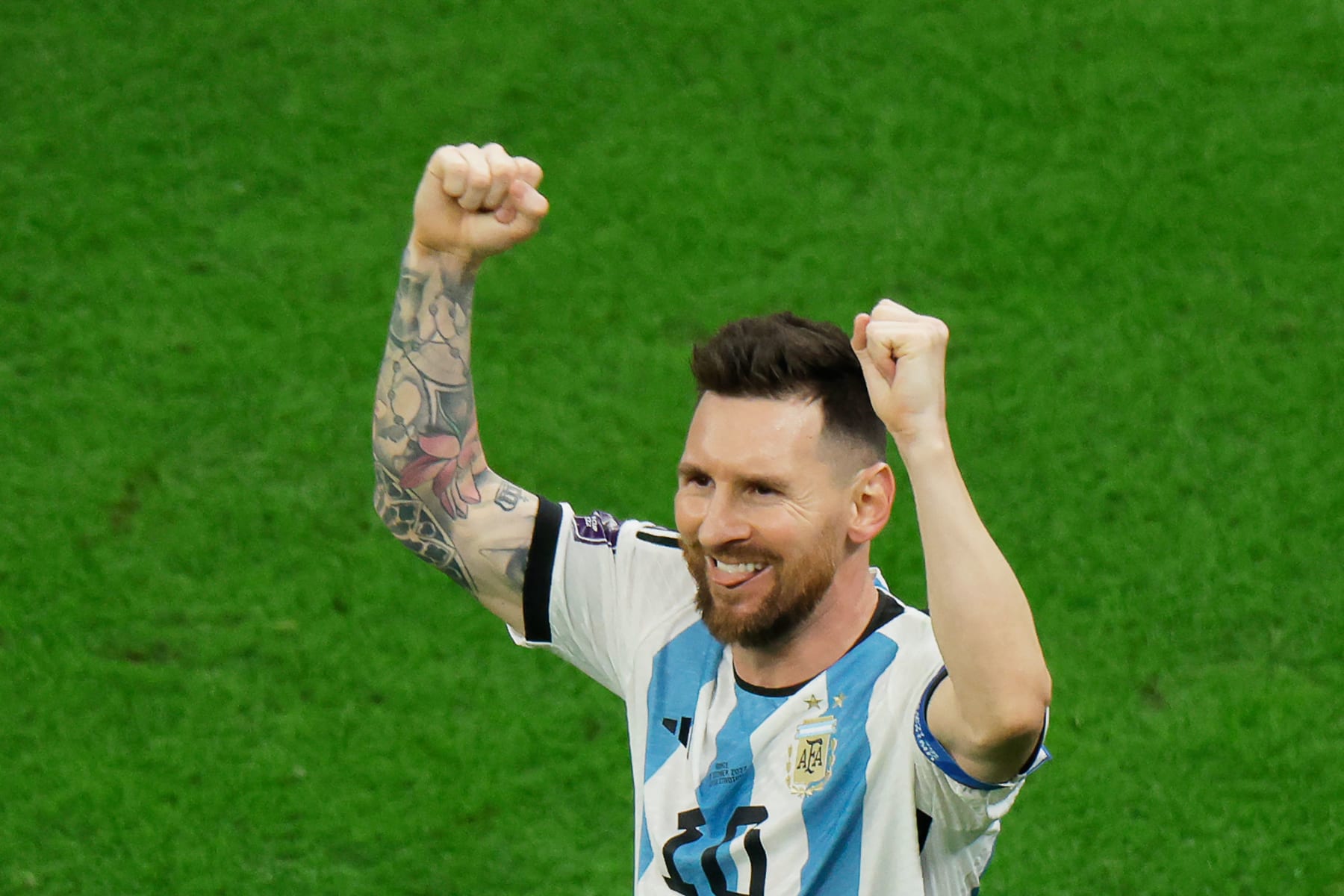 Argentina's forward #10 Lionel Messi celebrates scoring his team's first goal from the penalty spot during the Qatar 2022 World Cup football final match between Argentina and France at Lusail Stadium in Lusail, north of Doha on December 18, 2022. (Photo by Odd ANDERSEN / AFP) (Photo by ODD ANDERSEN/AFP via Getty Images)