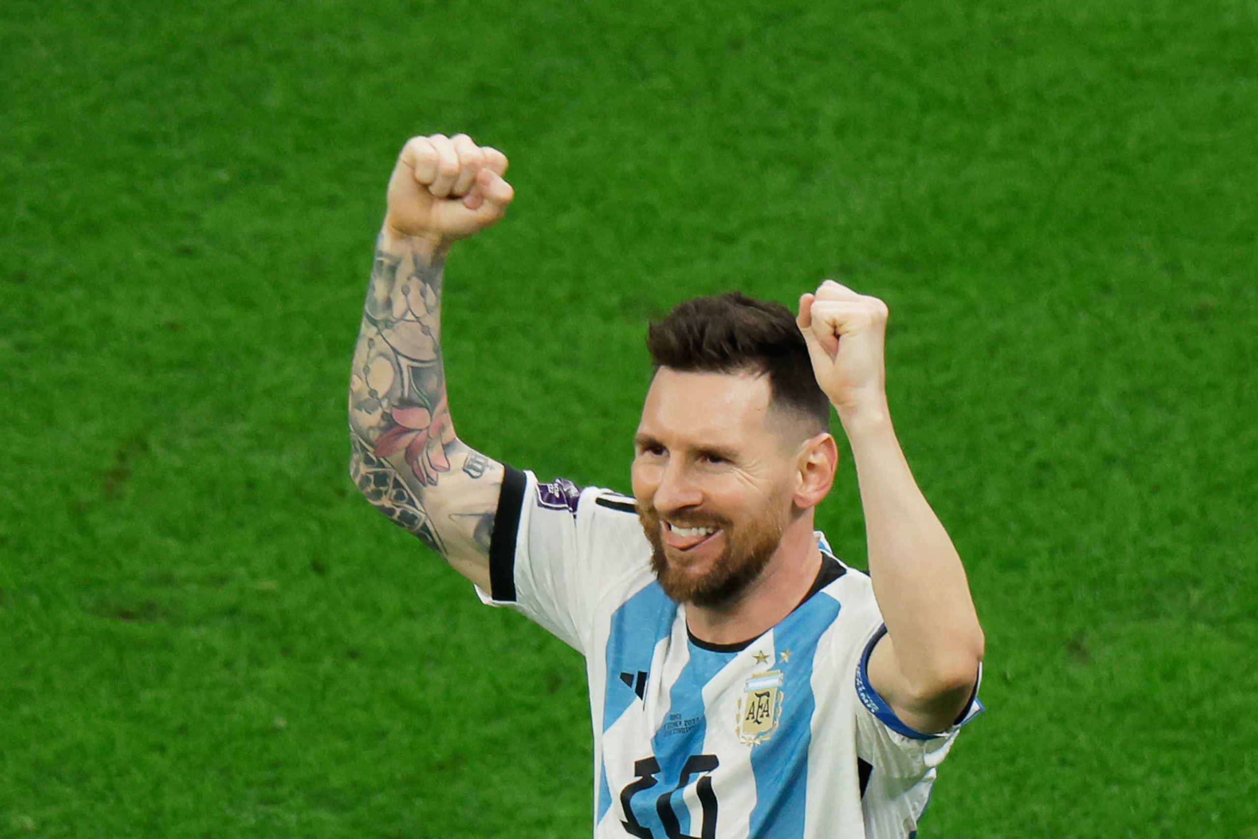 Argentina's forward #10 Lionel Messi celebrates scoring his team's first goal from the penalty spot during the Qatar 2022 World Cup football final match between Argentina and France at Lusail Stadium in Lusail, north of Doha on December 18, 2022. (Photo by Odd ANDERSEN / AFP) (Photo by ODD ANDERSEN/AFP via Getty Images)