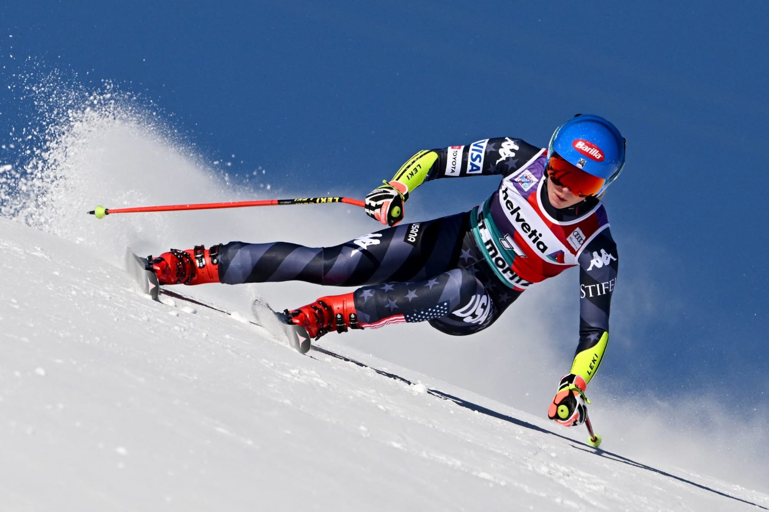US Mikaela Shiffrin competes in the second Super-G of the FIS alpine skiing Women's World Cup event in Saint Moritz, Swiss Alps, on December 18, 2022. (Photo by Fabrice COFFRINI / AFP) (Photo by FABRICE COFFRINI/AFP via Getty Images)