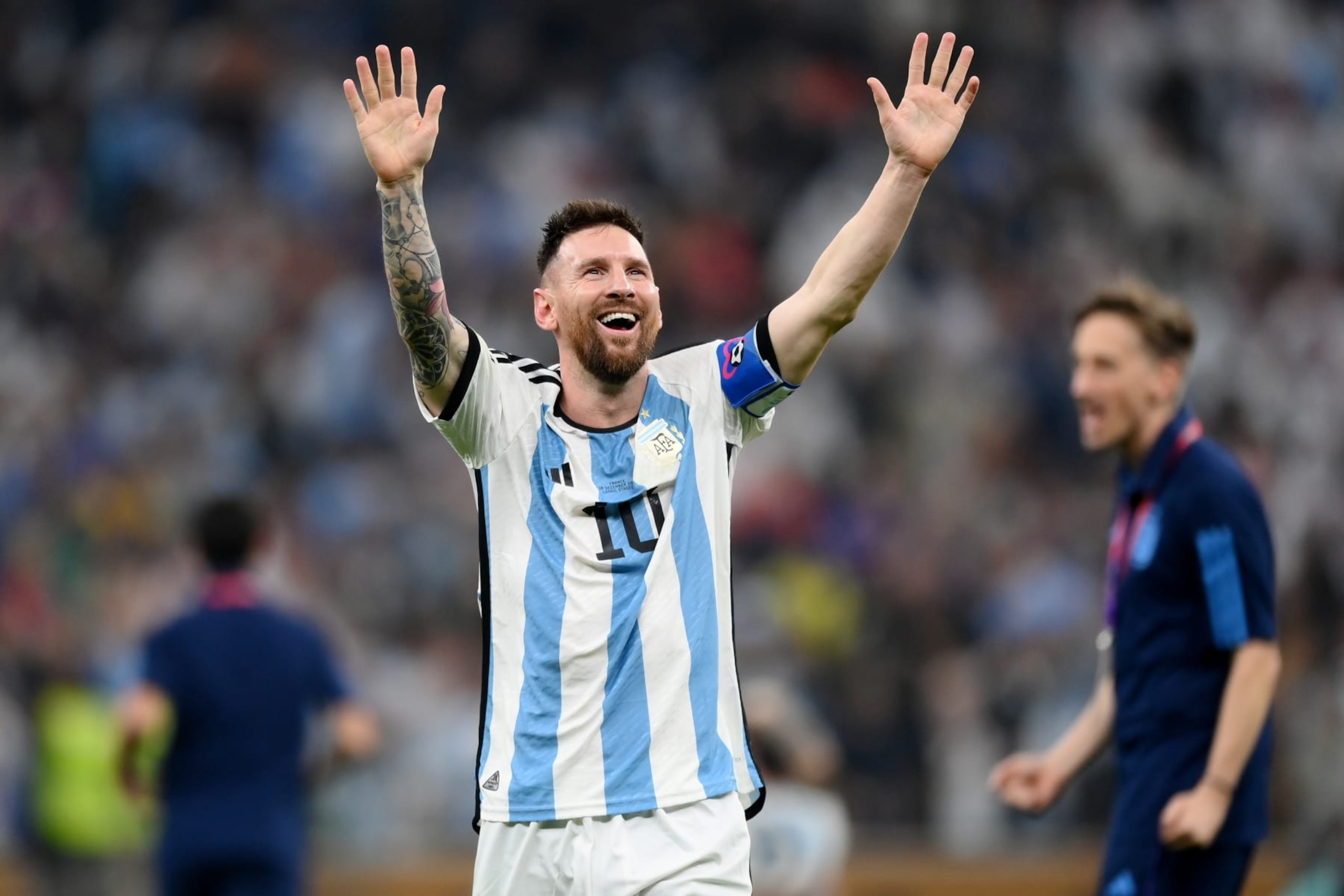 LUSAIL CITY, QATAR - DECEMBER 18: Lionel Messi of Argentina celebrates after the team's victory in the penalty shoot out during the FIFA World Cup Qatar 2022 Final match between Argentina and France at Lusail Stadium on December 18, 2022 in Lusail City, Qatar. (Photo by Shaun Botterill - FIFA/FIFA via Getty Images)