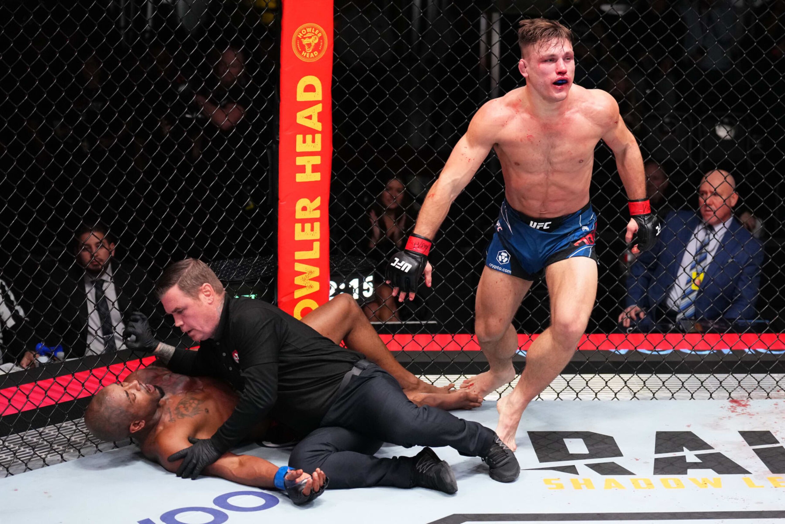 LAS VEGAS, NEVADA - DECEMBER 17: Drew Dober reacts after his victory over Bobby Green in a lightweight fight during the UFC Fight Night event at UFC APEX on December 17, 2022 in Las Vegas, Nevada.  (Photo by Chris Unger/Zuffa LLC)