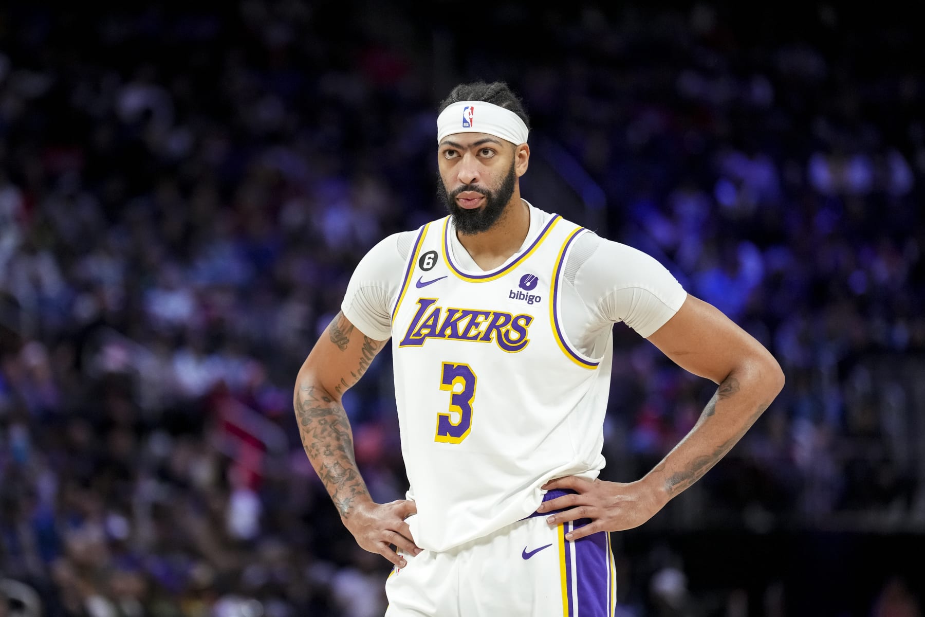 DETROIT, MICHIGAN - DECEMBER 11: Anthony Davis #3 of the Los Angeles Lakers looks on against the Detroit Pistons at Little Caesars Arena on December 11, 2022 in Detroit, Michigan. NOTE TO USER: User expressly acknowledges and agrees that, by downloading and or using this photograph, User is consenting to the terms and conditions of the Getty Images License Agreement. (Photo by Nic Antaya/Getty Images)