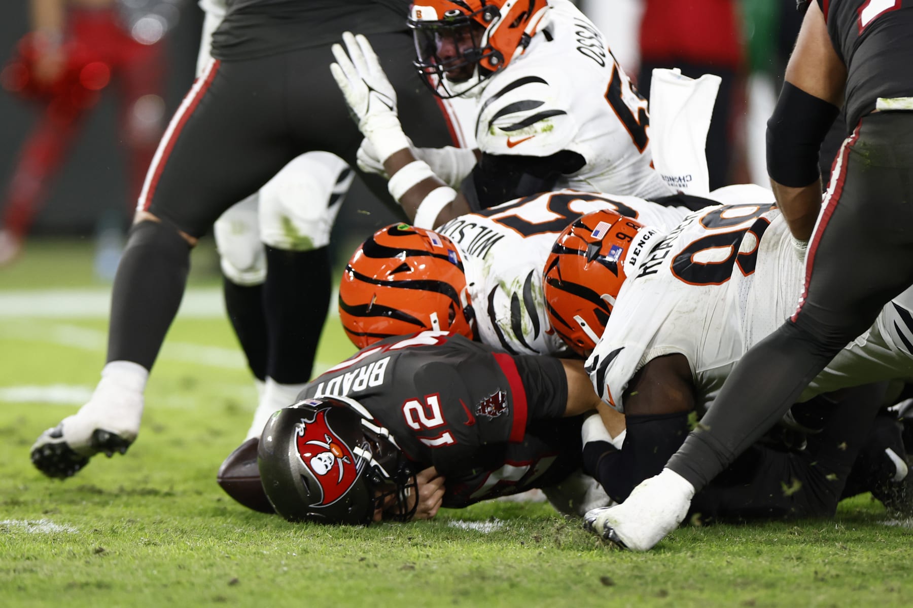 TAMPA, FLORIDA - DECEMBER 18: Tom Brady #12 of the Tampa Bay Buccaneers is sacked and fumbles the ball during the third quarter in the game against the Cincinnati Bengals at Raymond James Stadium on December 18, 2022 in Tampa, Florida. (Photo by Douglas P. DeFelice/Getty Images)