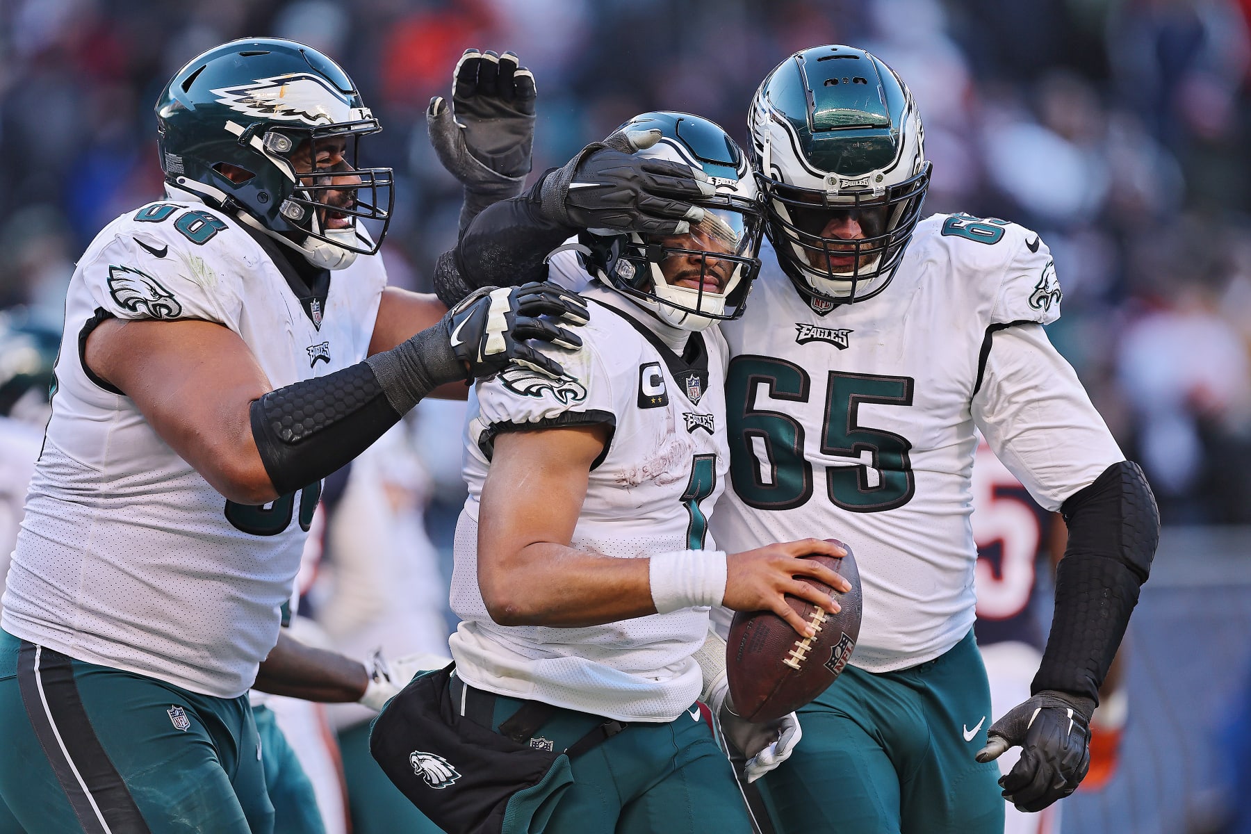 CHICAGO, ILLINOIS - DECEMBER 18: Jalen Hurts #1 of the Philadelphia Eagles celebrates a two point conversation during the fourth quarter in the game against the Chicago Bears at Soldier Field on December 18, 2022 in Chicago, Illinois. (Photo by Michael Reaves/Getty Images)