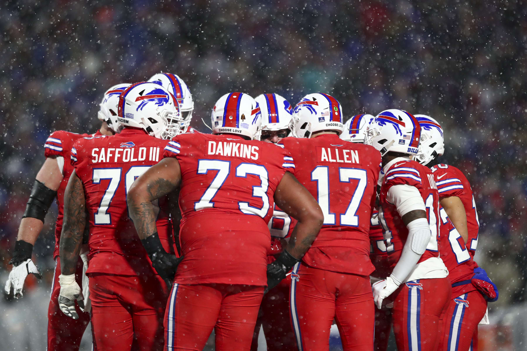 ORCHARD PARK, NY - DECEMBER 17: The Buffalo Bills offense huddles during the fourth quarter of an NFL football game against the Miami Dolphins at Highmark Stadium on December 17, 2022 in Orchard Park, New York. (Photo by Kevin Sabitus/Getty Images)