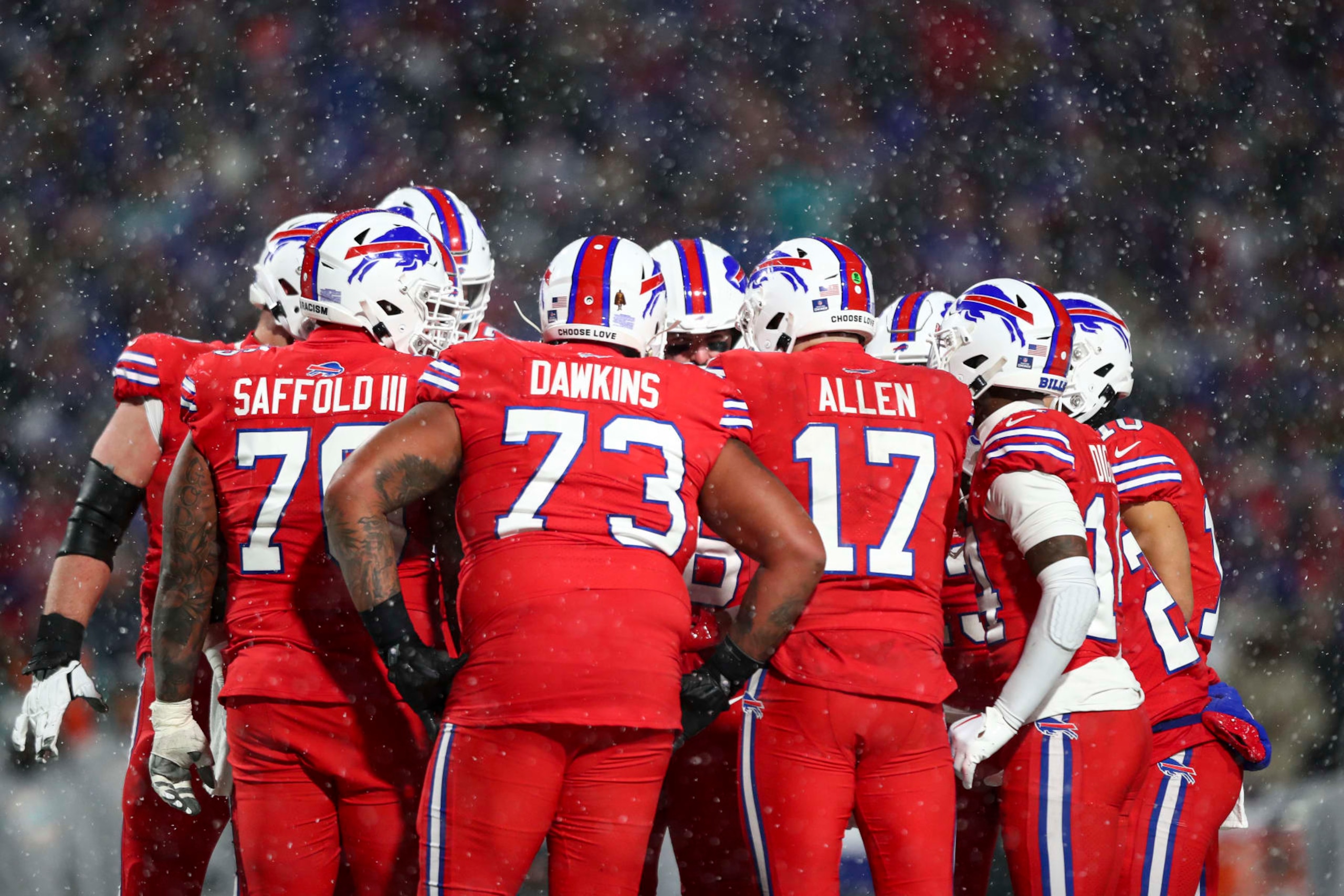 ORCHARD PARK, NY - DECEMBER 17: The Buffalo Bills offense huddles during the fourth quarter of an NFL football game against the Miami Dolphins at Highmark Stadium on December 17, 2022 in Orchard Park, New York. (Photo by Kevin Sabitus/Getty Images) ORCHARD PARK, NY - DECEMBER 17: The Buffalo Bills offense huddles during the fourth quarter of an NFL football game against the Miami Dolphins at Highmark Stadium on December 17, 2022 in Orchard Park, New York. (Photo by Kevin Sabitus/Getty Images)
