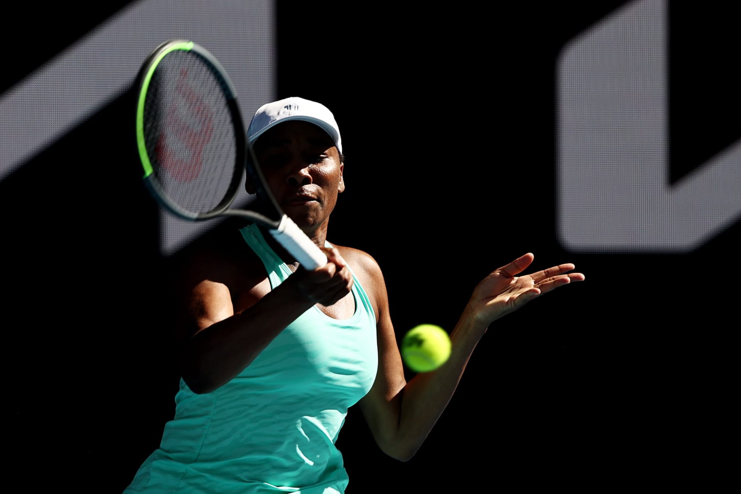 MELBOURNE, AUSTRALIA - FEBRUARY 10: Venus Williams of The United States of America plays a forehand in her Women's Singles second round match against Sara Errani of Italy during day three of the 2021 Australian Open at Melbourne Park on February 10, 2021 in Melbourne, Australia. (Photo by Mark Metcalfe/Getty Images)