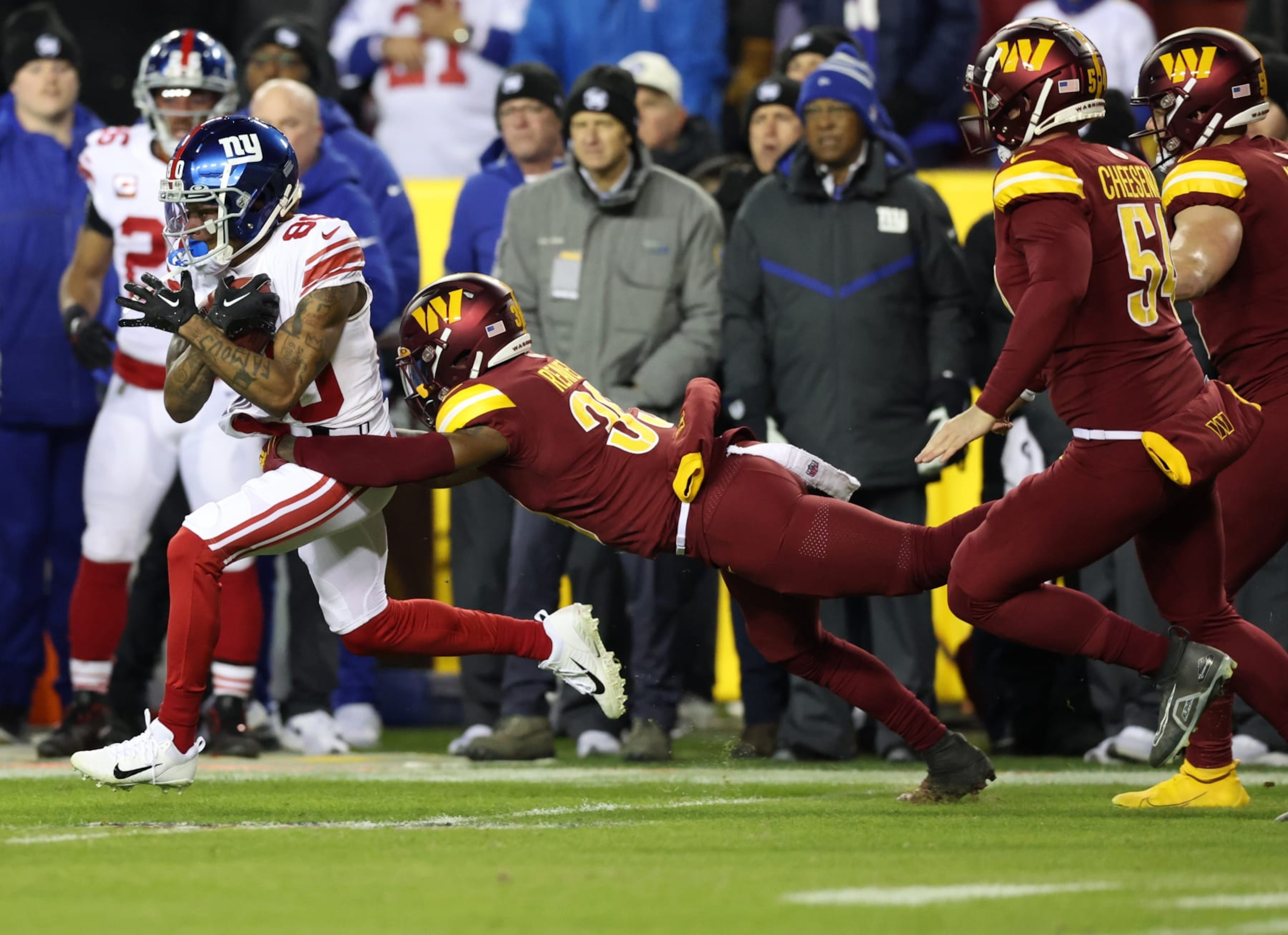New York Giants wide receiver Richie James makes a catch against the Washington Commanders. New York Giants wide receiver Richie James makes a catch against the Washington Commanders.