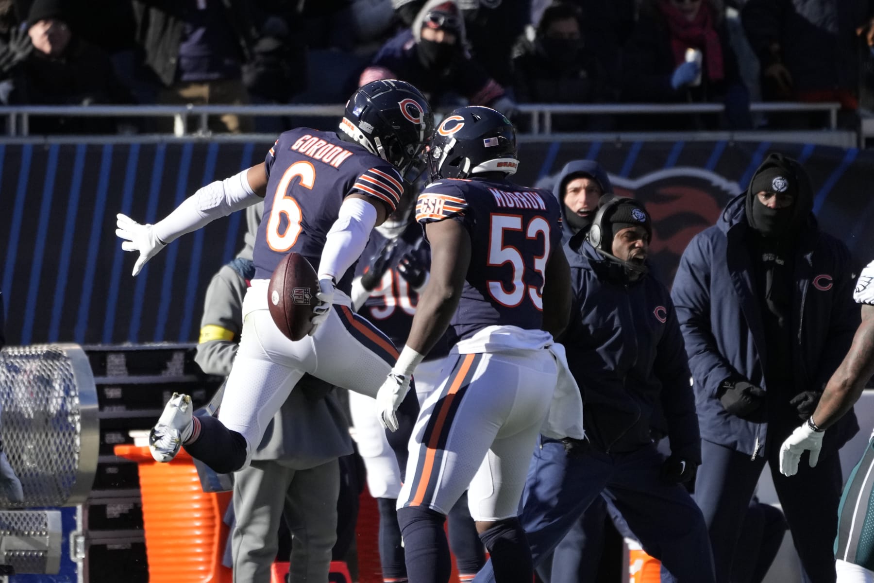 Chicago Bears' Kyler Gordon (6) celebrates after an interception during the first half of an NFL football game against the Philadelphia Eagles, Sunday, Dec. 18, 2022, in Chicago. (AP Photo/Charles Rex Arbogast)