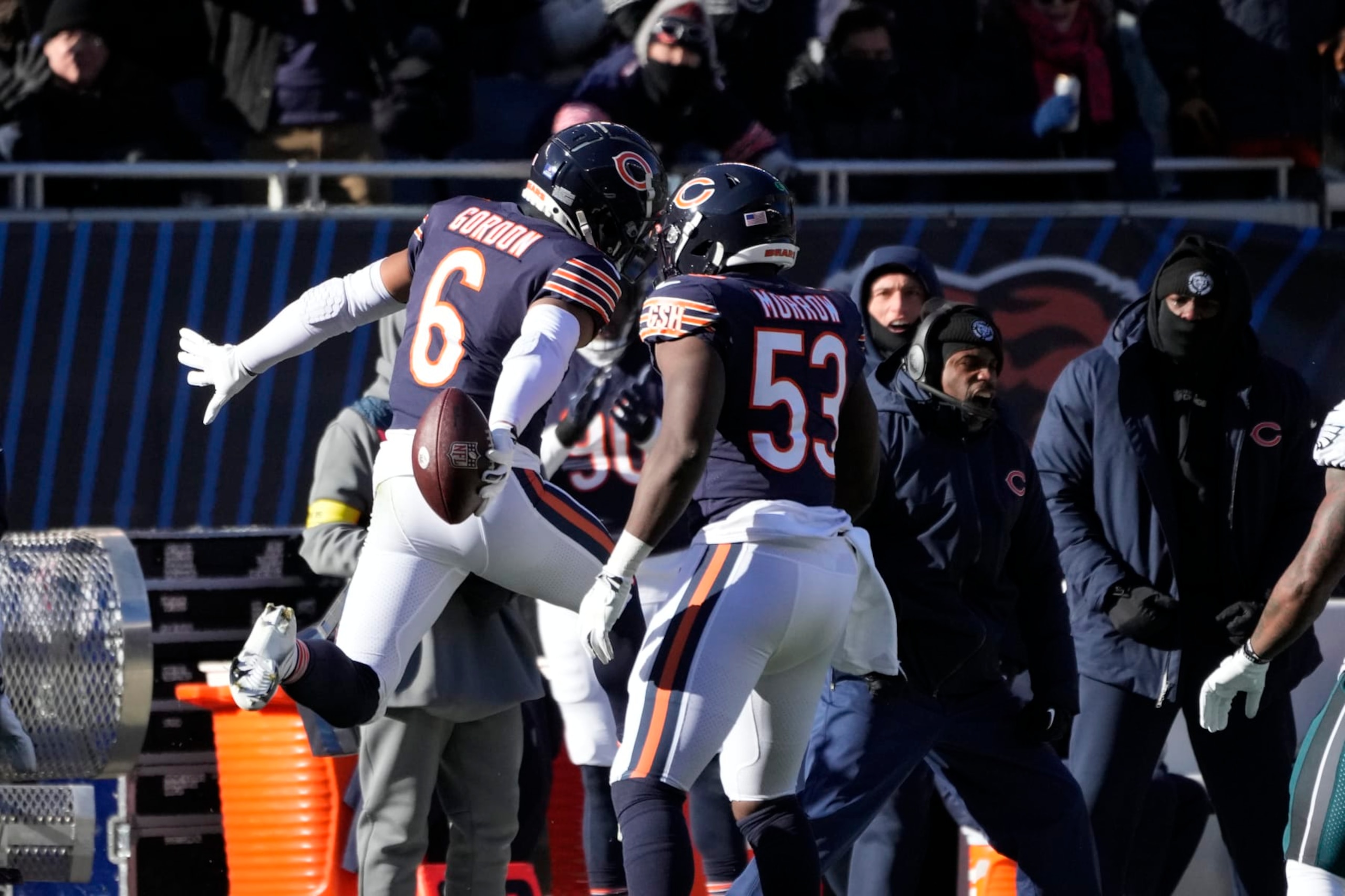 Chicago Bears' Kyler Gordon (6) celebrates after an interception during the first half of an NFL football game against the Philadelphia Eagles, Sunday, Dec. 18, 2022, in Chicago. (AP Photo/Charles Rex Arbogast)