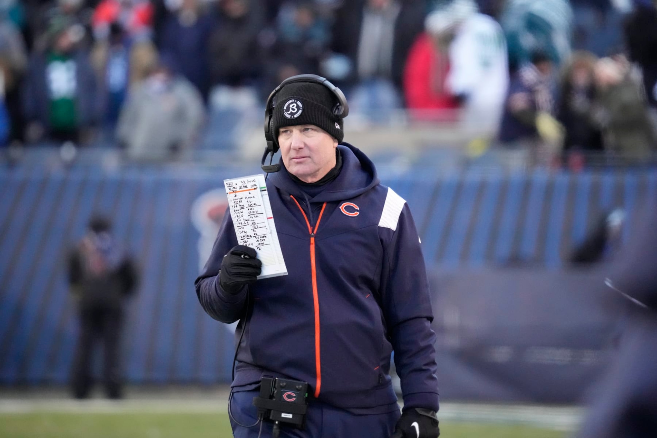 Chicago Bears head coach Matt Eberflus walks the sideline during an NFL football game against the Philadelphia Eagles, Sunday, Dec. 18, 2022, in Chicago. (AP Photo/Nam Y. Huh)