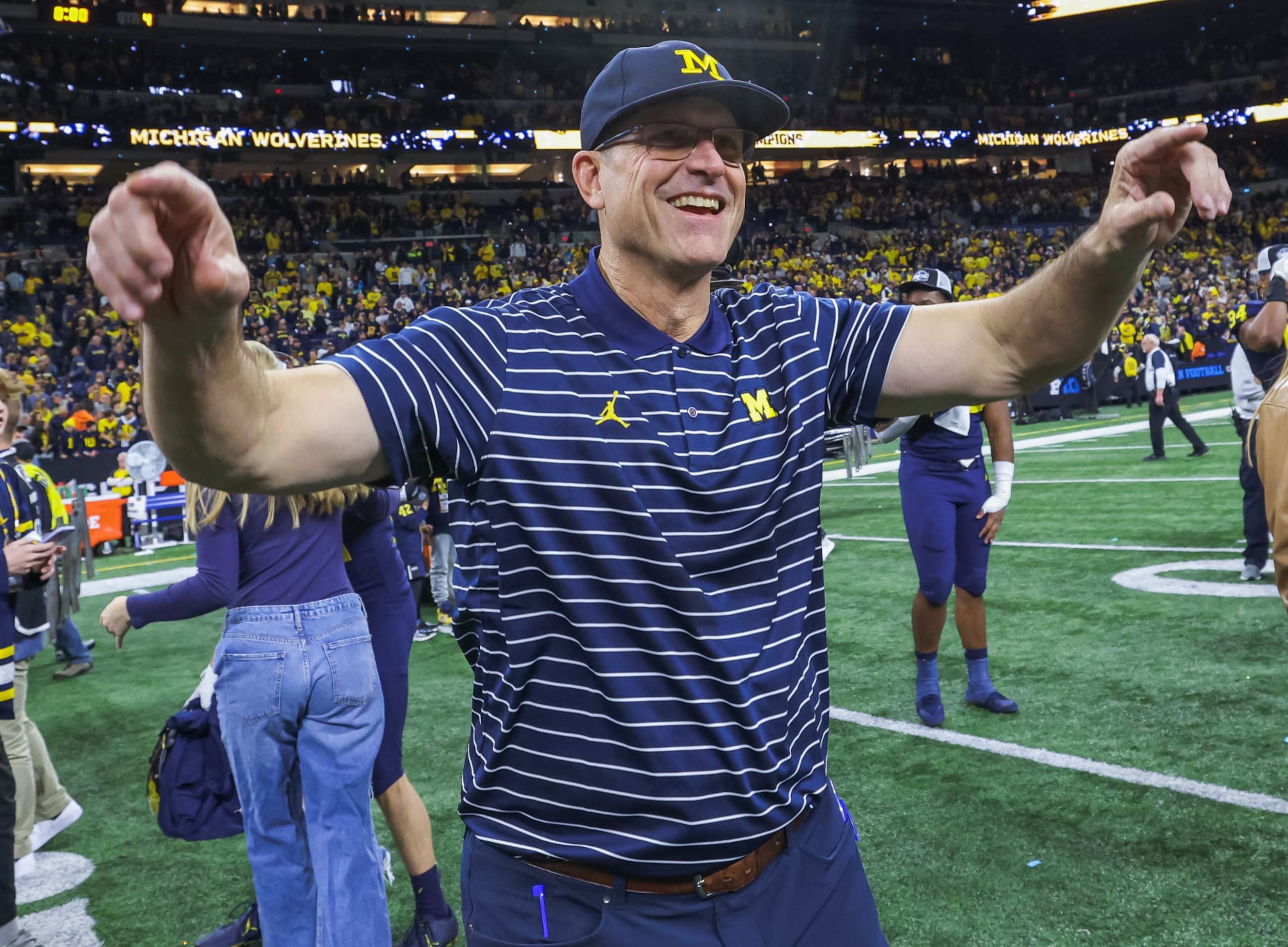 INDIANAPOLIS, IN - DECEMBER 03: Head coach Jim Harbaugh of the Michigan Wolverines is seen following the Big Ten Championship against the Purdue Boilermakers at Lucas Oil Stadium on December 3, 2022 in Indianapolis, Indiana. (Photo by Michael Hickey/Getty Images) INDIANAPOLIS, IN - DECEMBER 03: Head coach Jim Harbaugh of the Michigan Wolverines is seen following the Big Ten Championship against the Purdue Boilermakers at Lucas Oil Stadium on December 3, 2022 in Indianapolis, Indiana. (Photo by Michael Hickey/Getty Images)