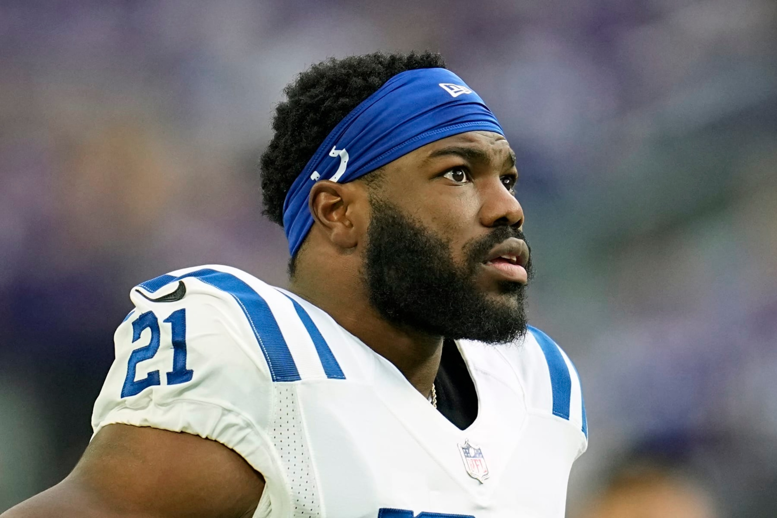 Indianapolis Colts running back Zack Moss (21) stands on the field before an NFL football game against the Minnesota Vikings, Saturday, Dec. 17, 2022, in Minneapolis. (AP Photo/Abbie Parr)