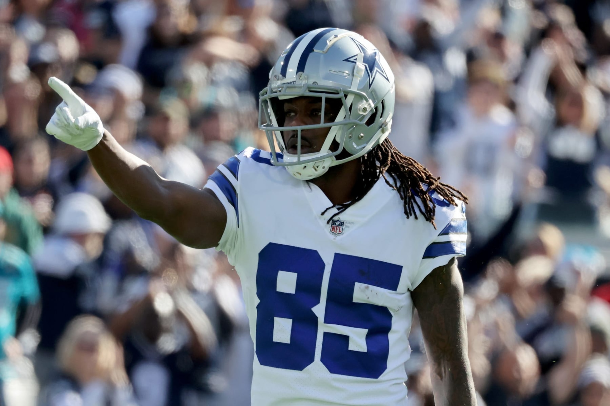 JACKSONVILLE, FLORIDA - DECEMBER 18: Noah Brown #85 of the Dallas Cowboys reacts after a touchdown during the second quarter of the game against the Jacksonville Jaguars at TIAA Bank Field on December 18, 2022 in Jacksonville, Florida. (Photo by Mike Carlson/Getty Images)