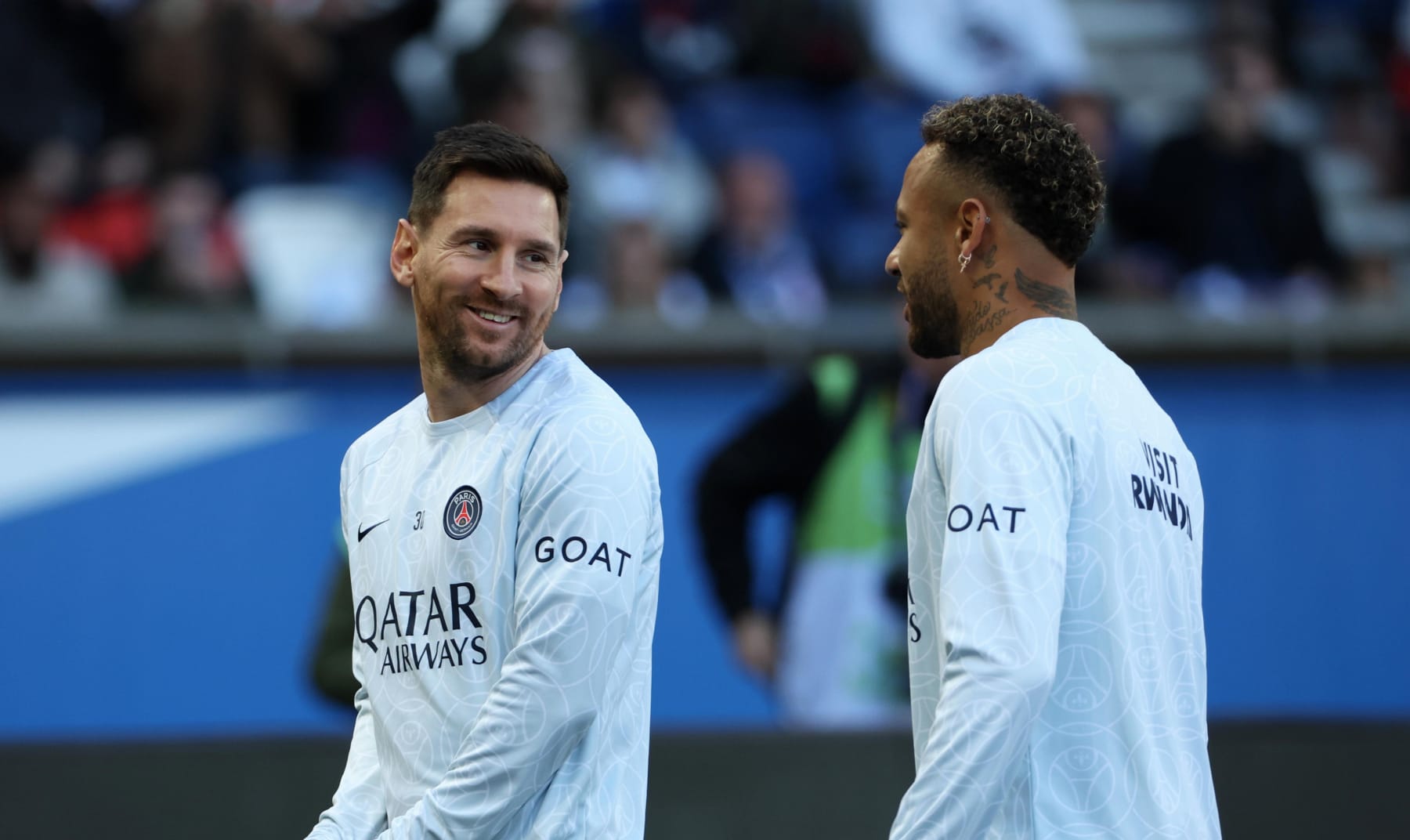 PARIS, FRANCE - NOVEMBER 13: Lionel Messi #30 of Paris Saint-Germain react with Neymar Jr #10 during the Ligue 1 match between Paris Saint-Germain and AJ Auxerre at Parc des Princes on November 13, 2022 in Paris, France. (Photo by Xavier Laine/Getty Images)