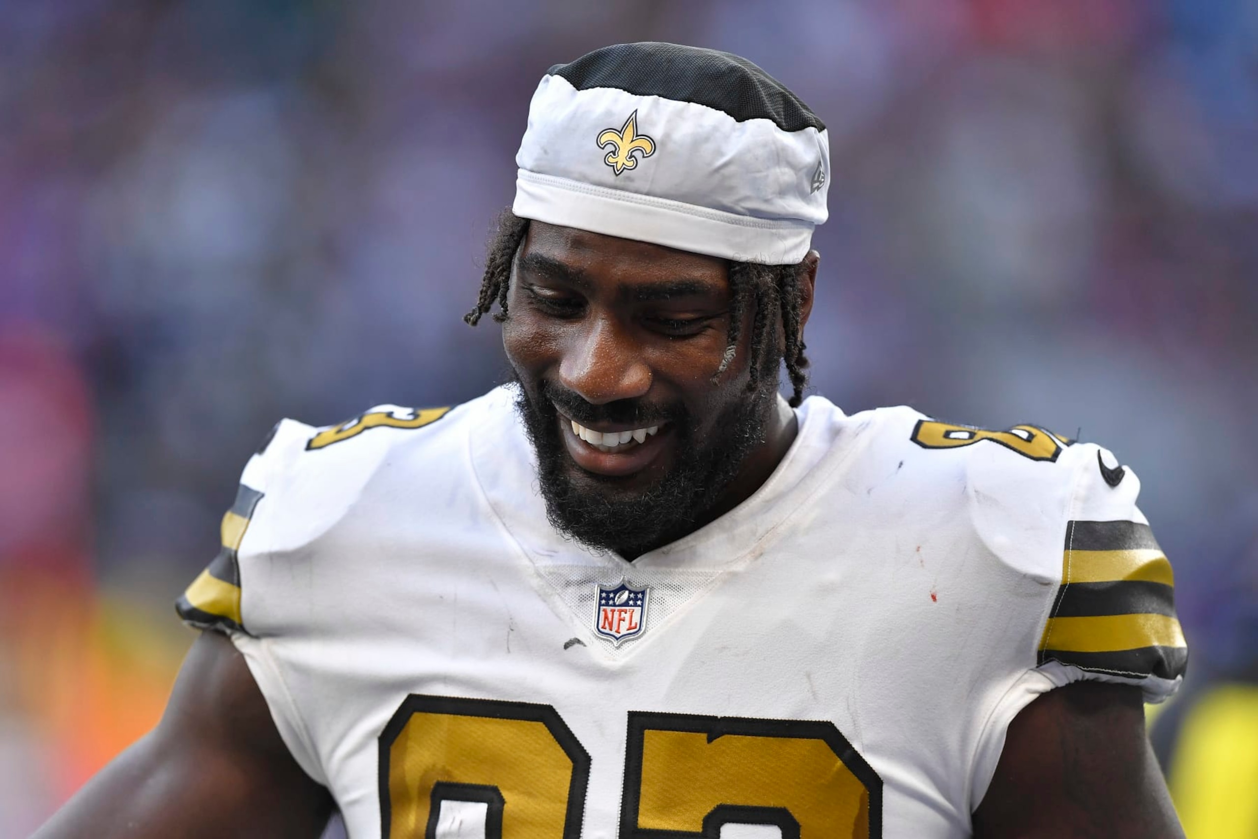 LONDON, ENGLAND - OCTOBER 02: Juwan Johnson of New Orleans Saints looks on during the NFL match between Minnesota Vikings v New Orleans Saints at Tottenham Hotspur Stadium on October 2, 2022 in London, England. (Photo by Vincent Mignott/DeFodi Images via Getty Images)