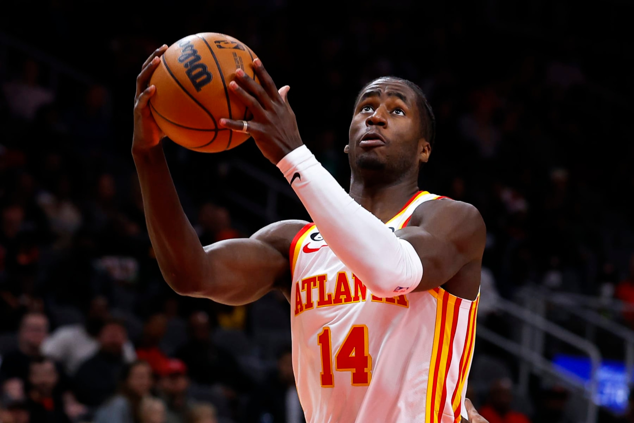ATLANTA, GA - DECEMBER 11: AJ Griffin #14 of the Atlanta Hawks goes up for a shot during the first half against the Chicago Bulls at State Farm Arena on December 11, 2022 in Atlanta, Georgia. NOTE TO USER: User expressly acknowledges and agrees that, by downloading and or using this photograph, User is consenting to the terms and conditions of the Getty Images License Agreement. (Photo by Todd Kirkland/Getty Images)
