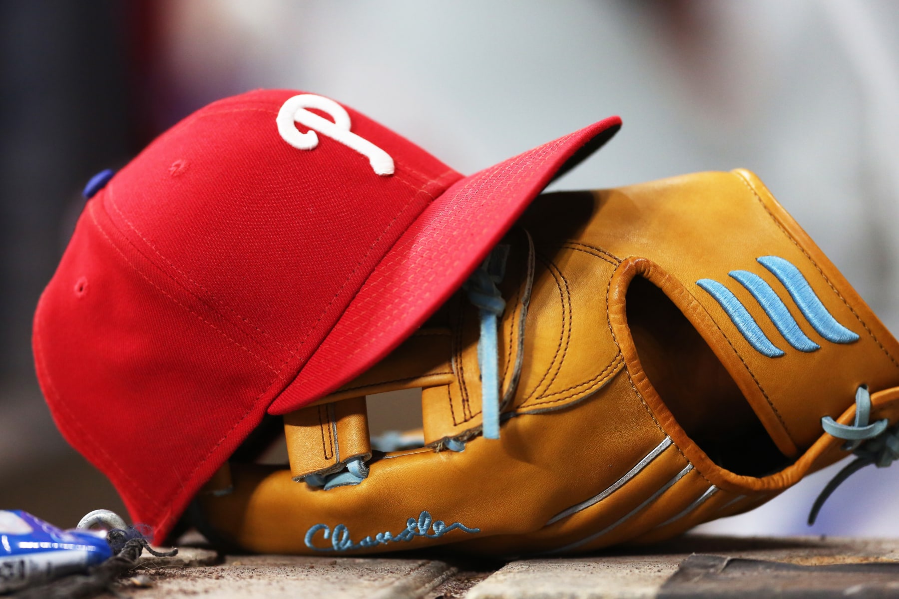 MILWAUKEE, WI - JUNE 08: The hat and glove of Philadelphia Phillies left fielder Nick Castellanos (8) sit on the stairs during a game between the Milwaukee Brewers and the Philadelphia Phillies on June 8, 2022 at American Family Field in Milwaukee, WI. (Photo by Larry Radloff/Icon Sportswire via Getty Images)