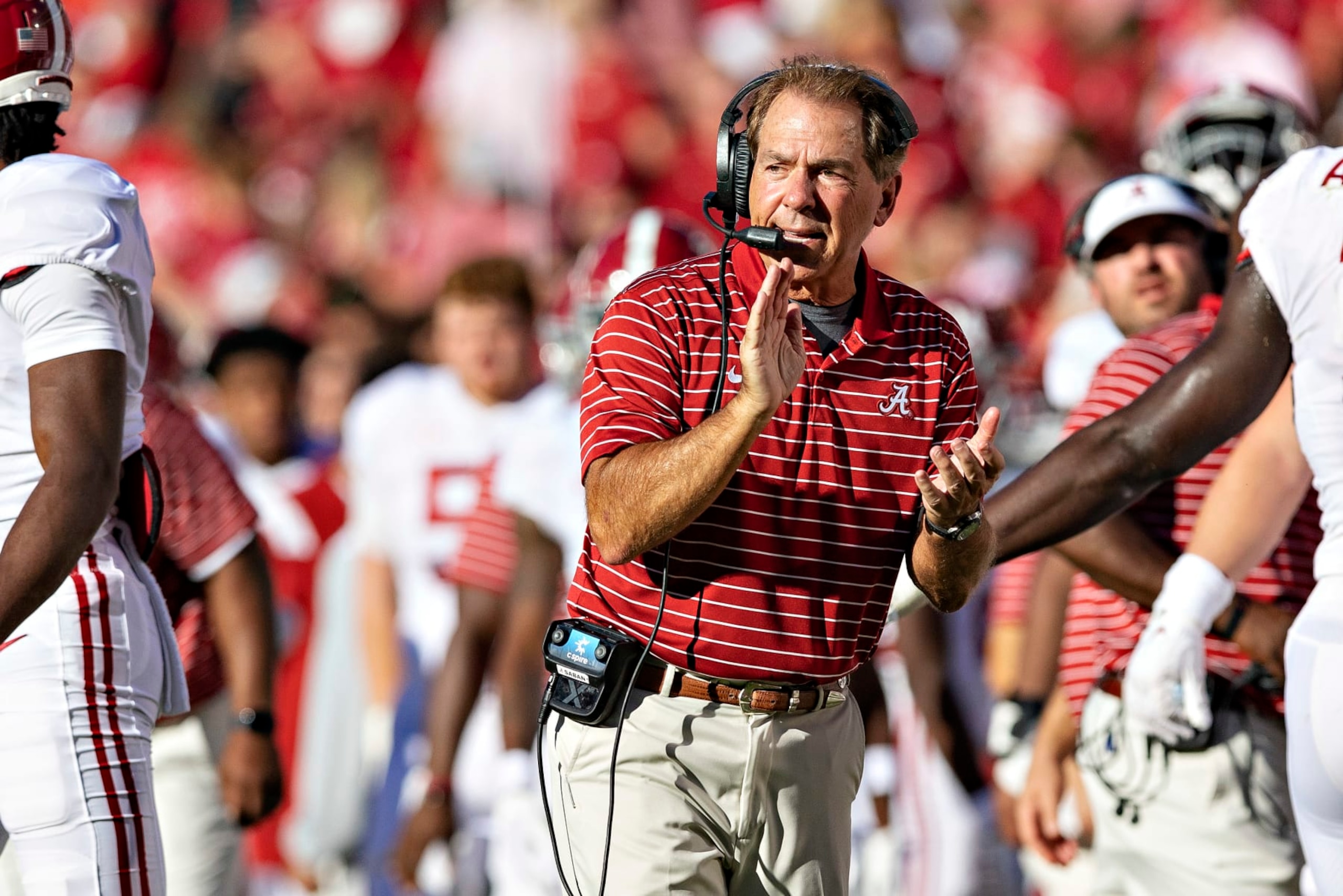 FAYETTEVILLE, ARKANSAS - OCTOBER 1: Head Coach Nick Saban of the Alabama Crimson Tide on the sidelines during a game against the Arkansas Razorbacks at Donald W. Reynolds Razorback Stadium on October 1, 2022 in Fayetteville, Arkansas. The Crimson Tide defeated the Razorbacks 49-26. (Photo by Wesley Hitt/Getty Images)