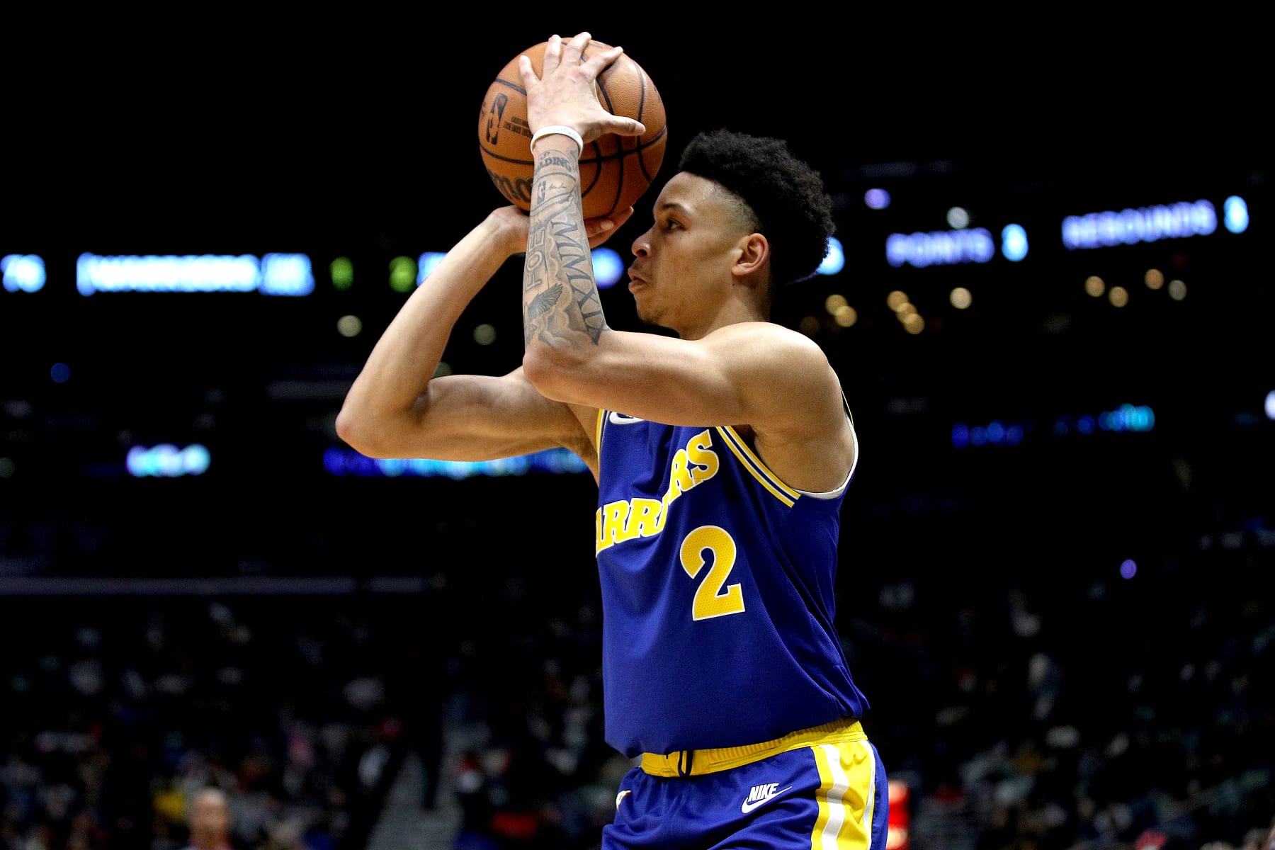 NEW ORLEANS, LOUISIANA - NOVEMBER 21: Ryan Rollins #2 of the Golden State Warriors shoots a three point basket during the fourth quarter of an NBA game against the New Orleans Pelicans at Smoothie King Center on November 21, 2022 in New Orleans, Louisiana. NOTE TO USER: User expressly acknowledges and agrees that, by downloading and or using this photograph, User is consenting to the terms and conditions of the Getty Images License Agreement. (Photo by Sean Gardner/Getty Images)