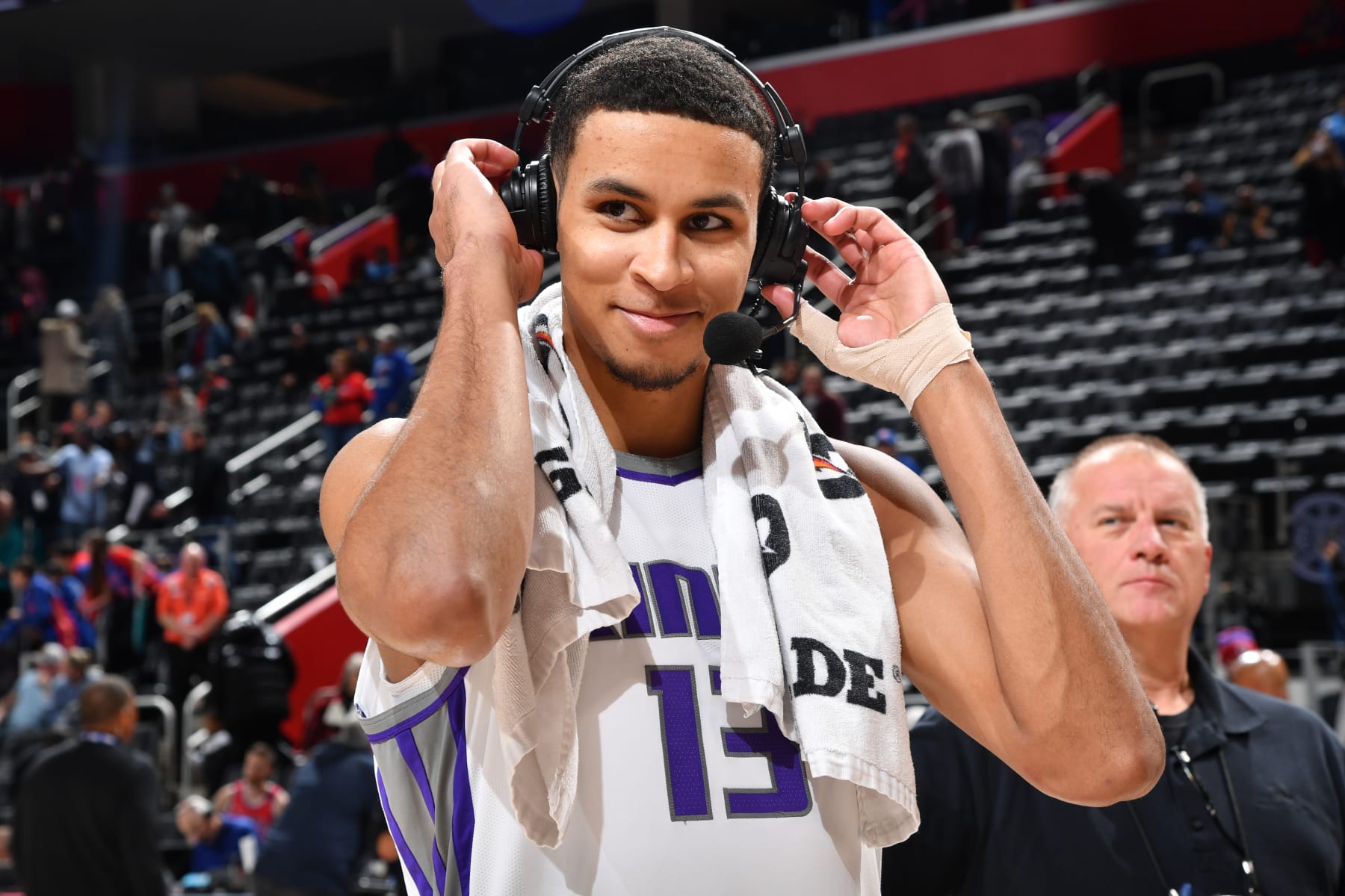 DETROIT, MI - DECEMBER 16: Keegan Murray #13 of the Sacramento Kings interviews after the game against the Detroit Pistons on December 16, 2022 at Little Caesars Arena in Detroit, Michigan. NOTE TO USER: User expressly acknowledges and agrees that, by downloading and/or using this photograph, User is consenting to the terms and conditions of the Getty Images License Agreement. Mandatory Copyright Notice: Copyright 2022 NBAE (Photo by Chris Schwegler/NBAE via Getty Images)
